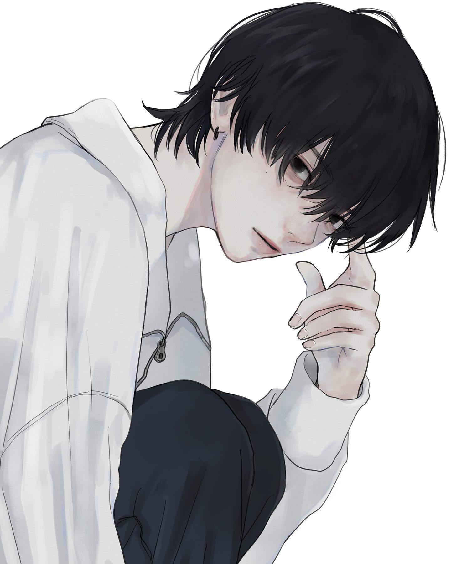 the image is a digital drawing of an animestyle boy. he has short, dark hair with bangs that partially cover his eyes. his skin is pale, and he's wearing a white hoodie and dark pants.  he's in a slightly hunched posture, and his expression is pensive, with one hand touching his temple.  the style is soft and slightly melancholic, with muted colors and a focus on subtle details.  the background is plain white, drawing attention to the character.