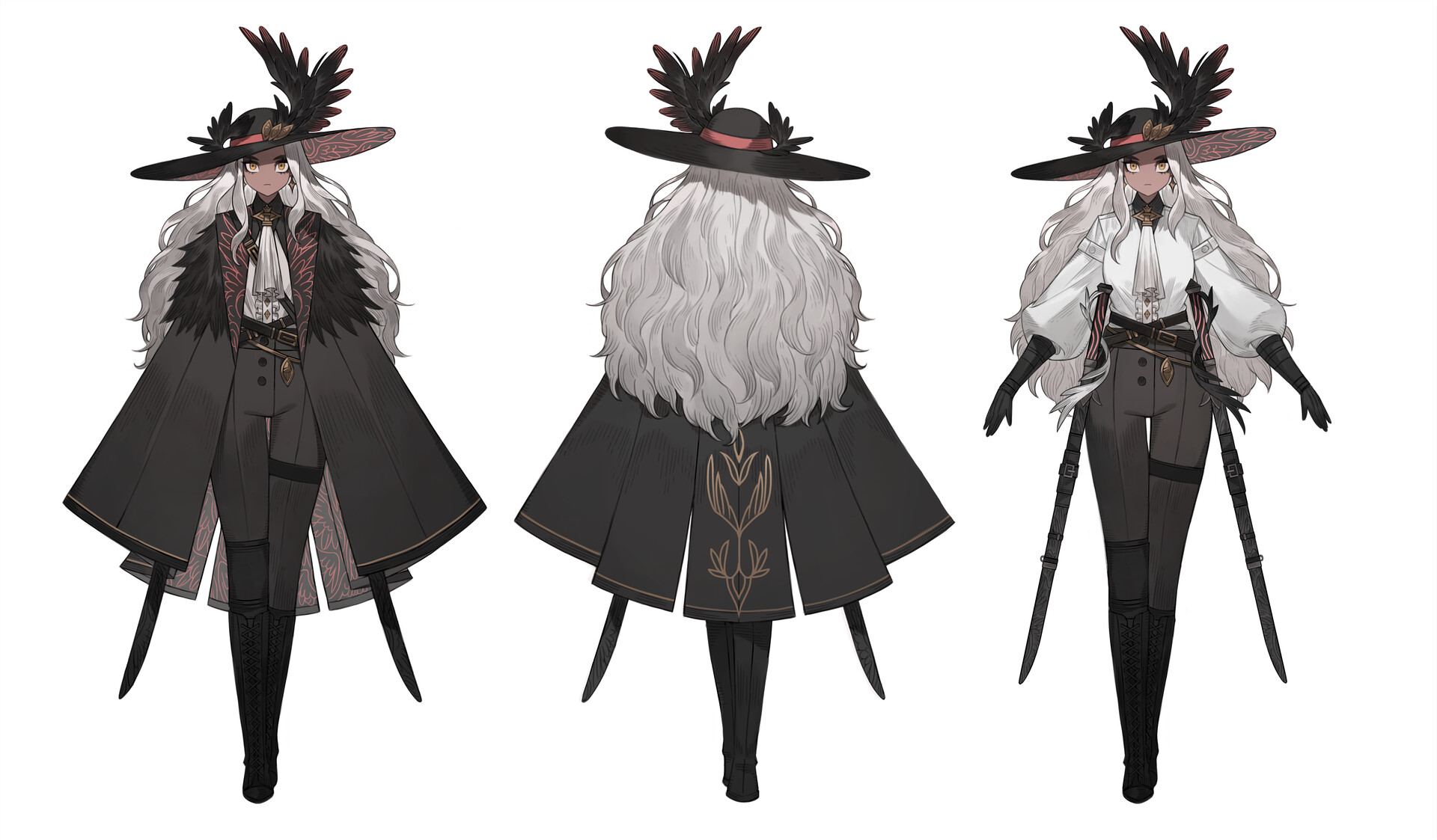 a threeview character design showcasing a female character in a fantasy setting.  she has pale skin, long white hair, and wears a widebrimmed hat adorned with black feathers. her attire consists of a black cloak with gold embroidery, a white blouse with puffed sleeves, a black vest, and formfitting black pants. a decorative belt cinches her waist, while tall black boots complete the look. she is equipped with two rapiers, visible in the side and front views. the style leans towards dark fantasy with its use of muted colors and sleek silhouettes.