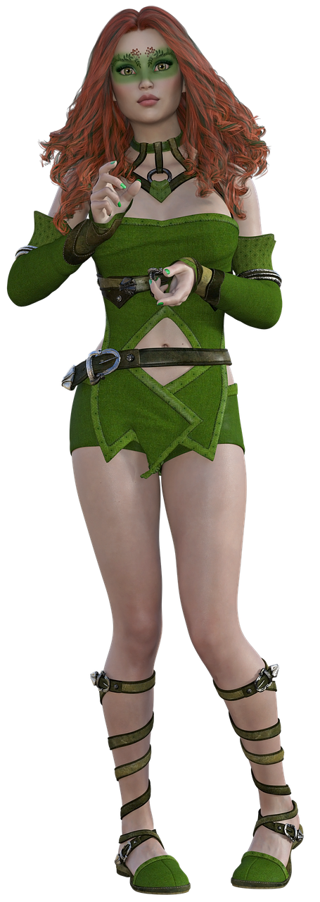 a 3d rendered image of a woman dressed in a green outfit against a black background. she has red hair, a green leafy mask across her eyes, and wears green sandals with straps going up her legs. she is also wearing a green dress with a belt and jewelry on her neck and arms.