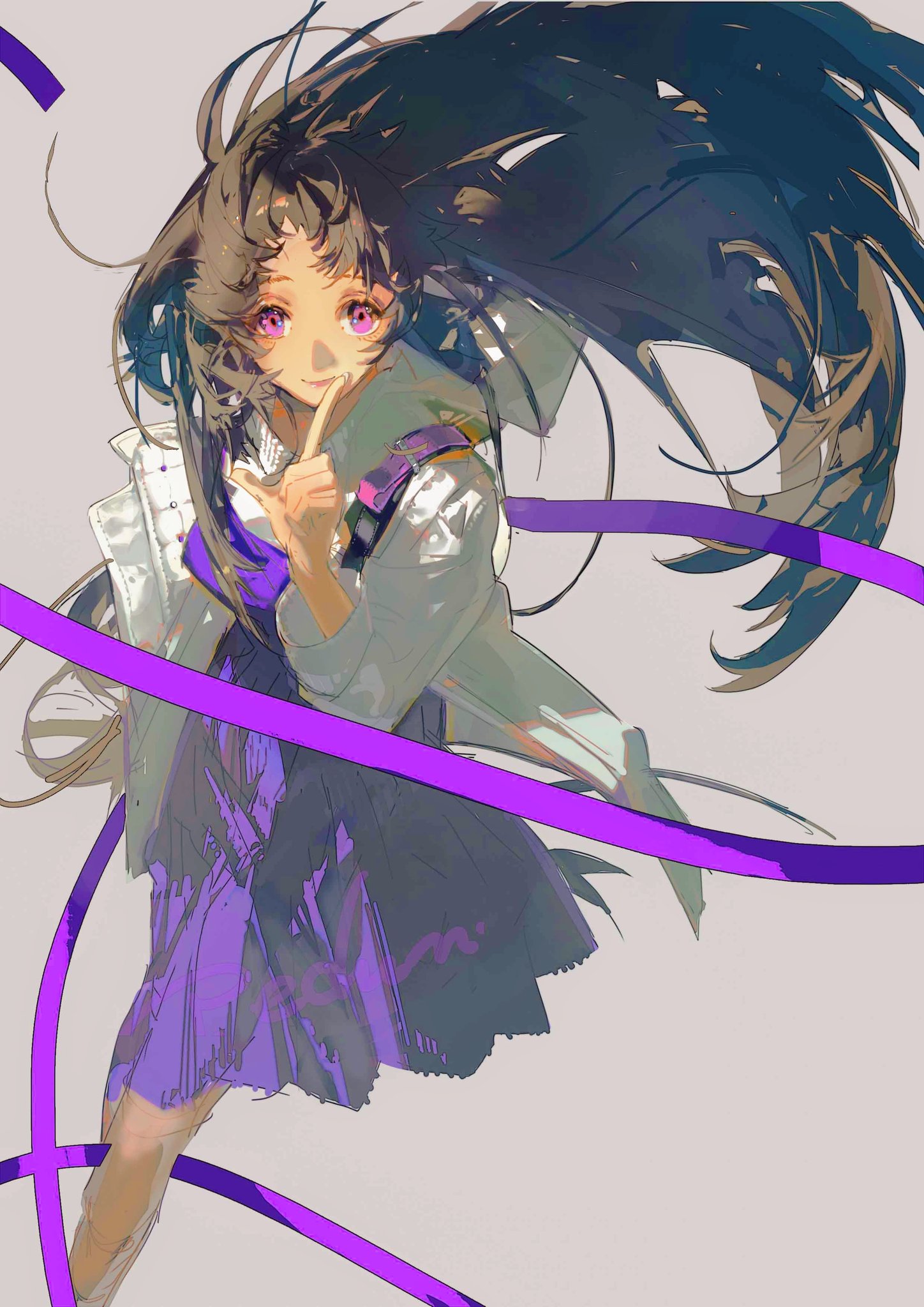 an anime girl with long black hair is blowing in the wind. she is wearing a white jacket with purple accents and a purple skirt. her eyes are pink. there are purple ribbons flowing around her.