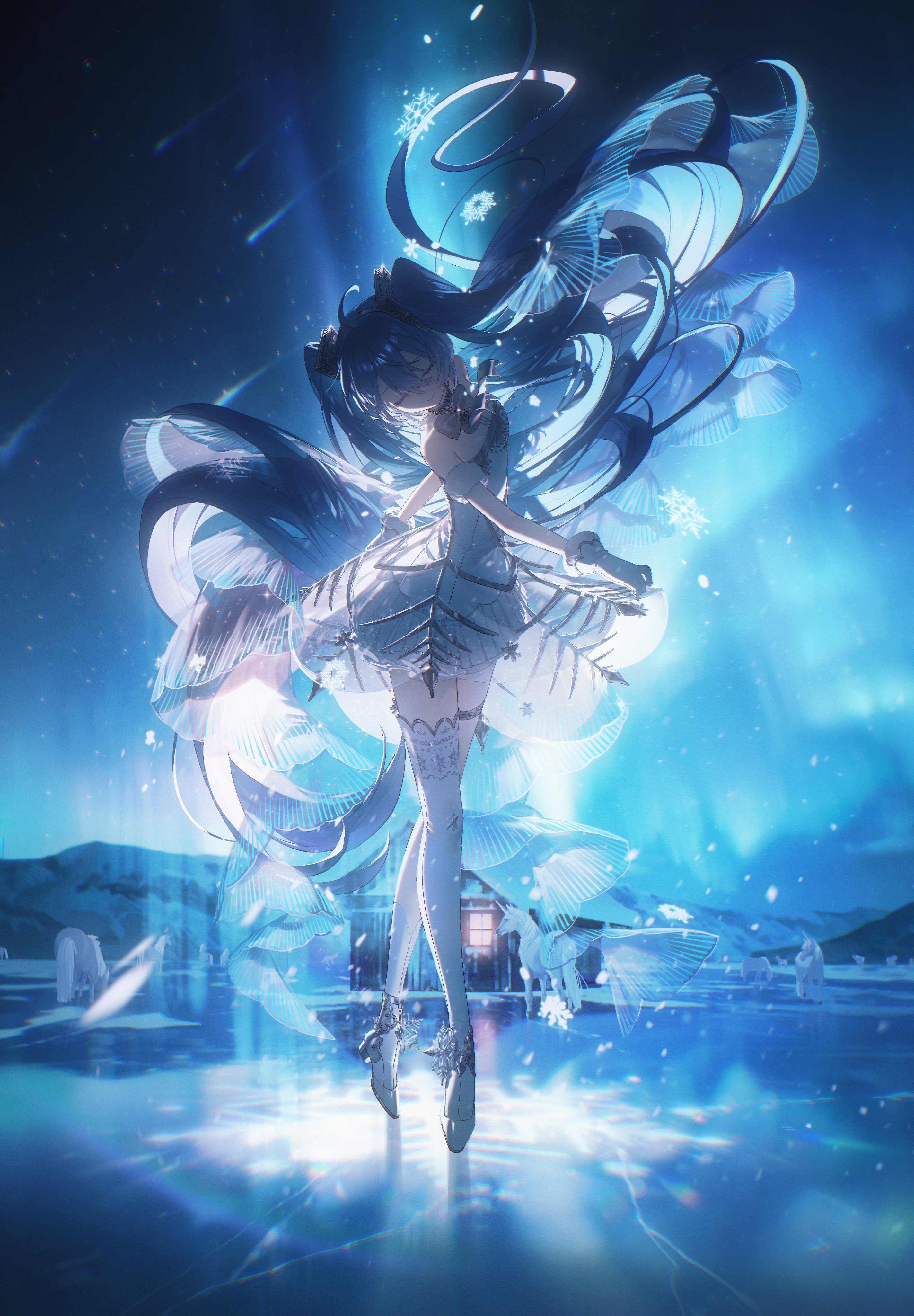 a full body shot of an anime girl in a white dress and blue hair wearing ice skating shoes. she is standing on ice surrounded by snow. the background is blue and there are snowflakes and glitter floating around her.