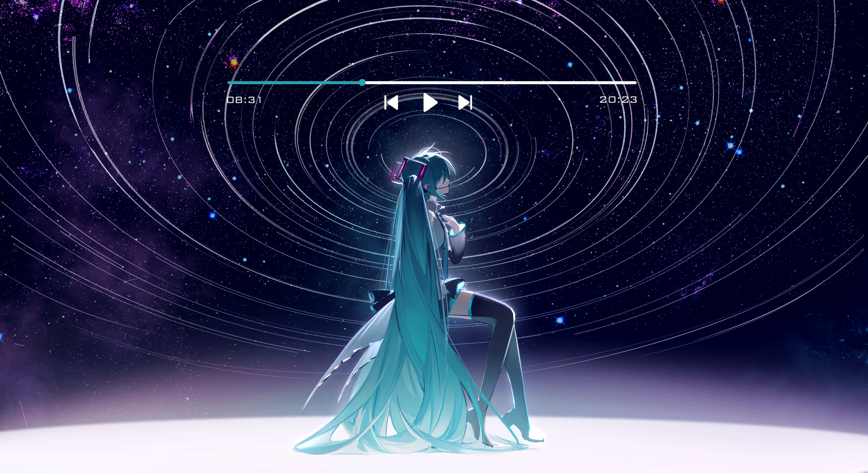 the image is a digital artwork featuring hatsune miku, a popular virtual singer, in a stunning cosmic setting.  she's depicted with her signature long teal hair flowing behind her as she sits elegantly, wearing a dark outfit and high boots.  the background is a mesmerizing expanse of stars and concentric circles, possibly representing planetary orbits, creating a sense of depth and wonder.  a simple, minimalist music player interface with a progress bar overlays the image, adding a modern and artistic touch to the scene. the overall aesthetic is a beautiful blend of anime style and science fiction, emphasizing both miku's beauty and the vastness of space.