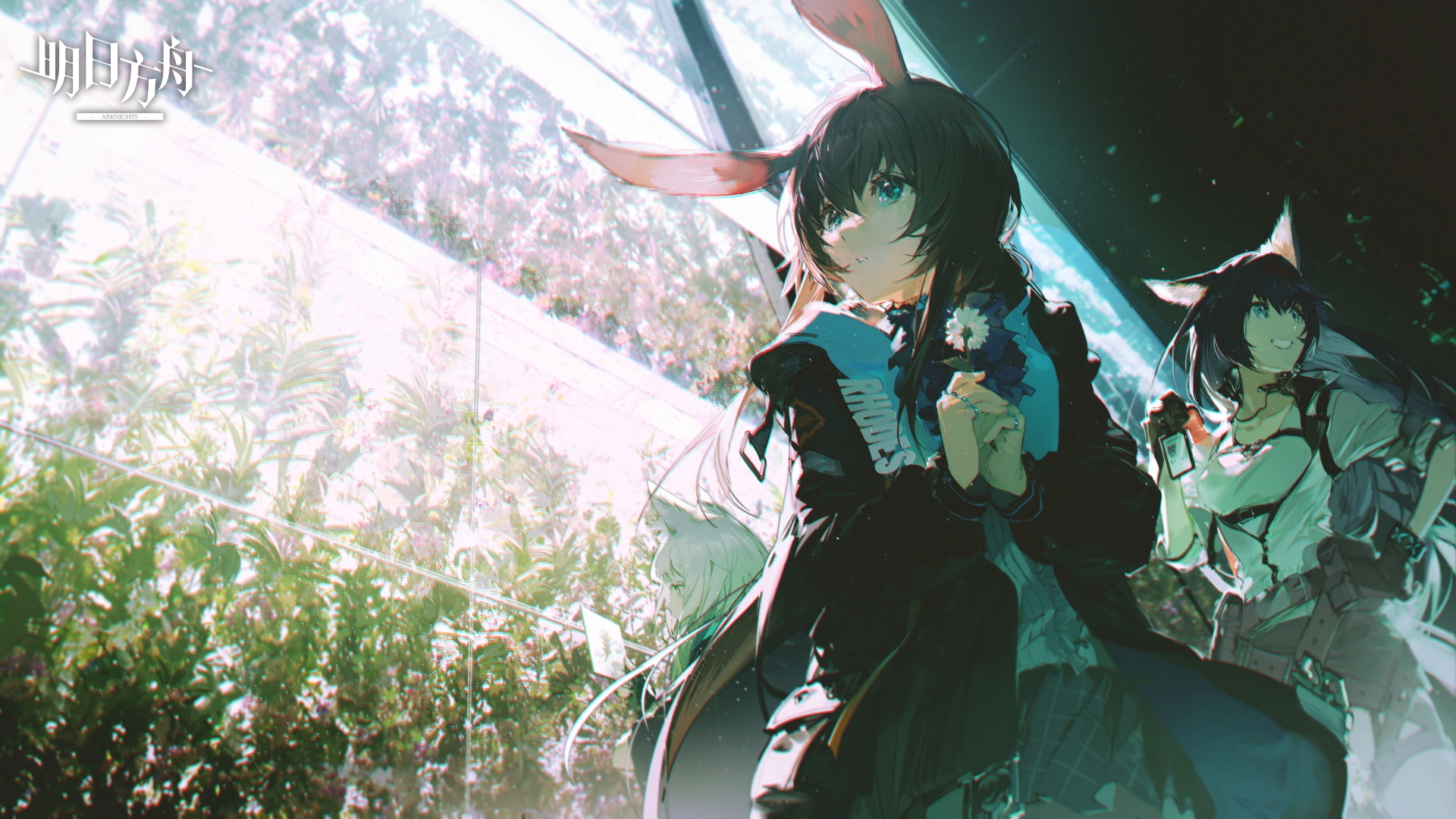 the image depicts a scene from the game arknights. two anime girls are the main focus, one with rabbit ears holding a flower, and another with fox ears holding a camera. the background includes a bright, plantfilled environment. the company logo is visible in the upper left corner.