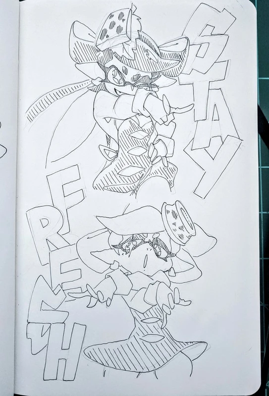 a black and white ink drawing of two cute female characters. the character on the top is wearing a hat with a design on it, the character on the bottom is wearing a different hat with a different design, and both are wearing an outfit with a design on it. the characters are smiling and are drawn with exaggerated features.
