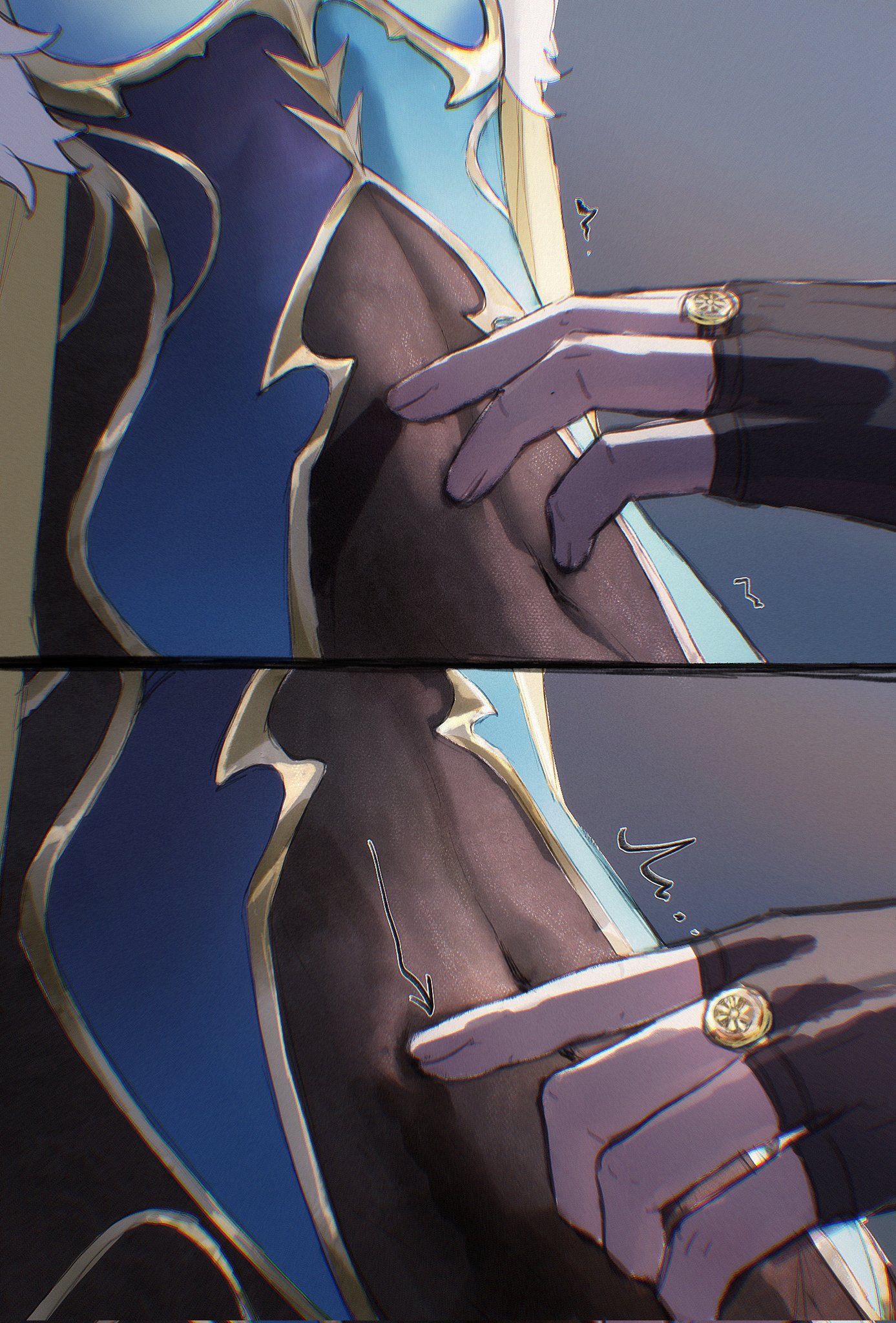 the image is a digital fanart, possibly from an anime or manga, showing a closeup of a woman's torso. she's wearing an elaborate outfit with blue and gold details.  two gloved hands, purple in color, are gently touching her body, one pair in each of the two panels, which makes the artwork appear as two separate parts. the style is suggestive, implying intimacy and sensuality, although no explicit nudity is present. the overall mood is soft and suggestive, with a focus on the tactile interaction between the hands and the character’s body. there are also some stylized markings near the hands that appear to be either part of the art style or possibly onomatopoeia representing actions or sounds.