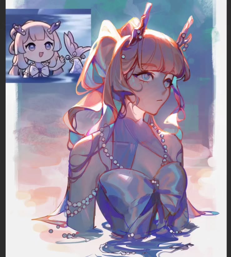 he image is a digital painting or illustration of a young woman or girl who appears to be a mermaid or sea creature.  she has long, light pink hair styled with large bows and decorative elements resembling seashells or horns on her head. she's wearing a translucent, light blue and purple dress with a large bow at the chest and pearl necklaces. the style is animeinfluenced and features soft pastel colors and a dreamy, ethereal aesthetic.  there is a smaller inset image in the upper left corner showing a chibistyle version of the character and another small sea creature. the main character is partially submerged in water, with water surrounding her lower body. the overall tone is light, calming, and magical.