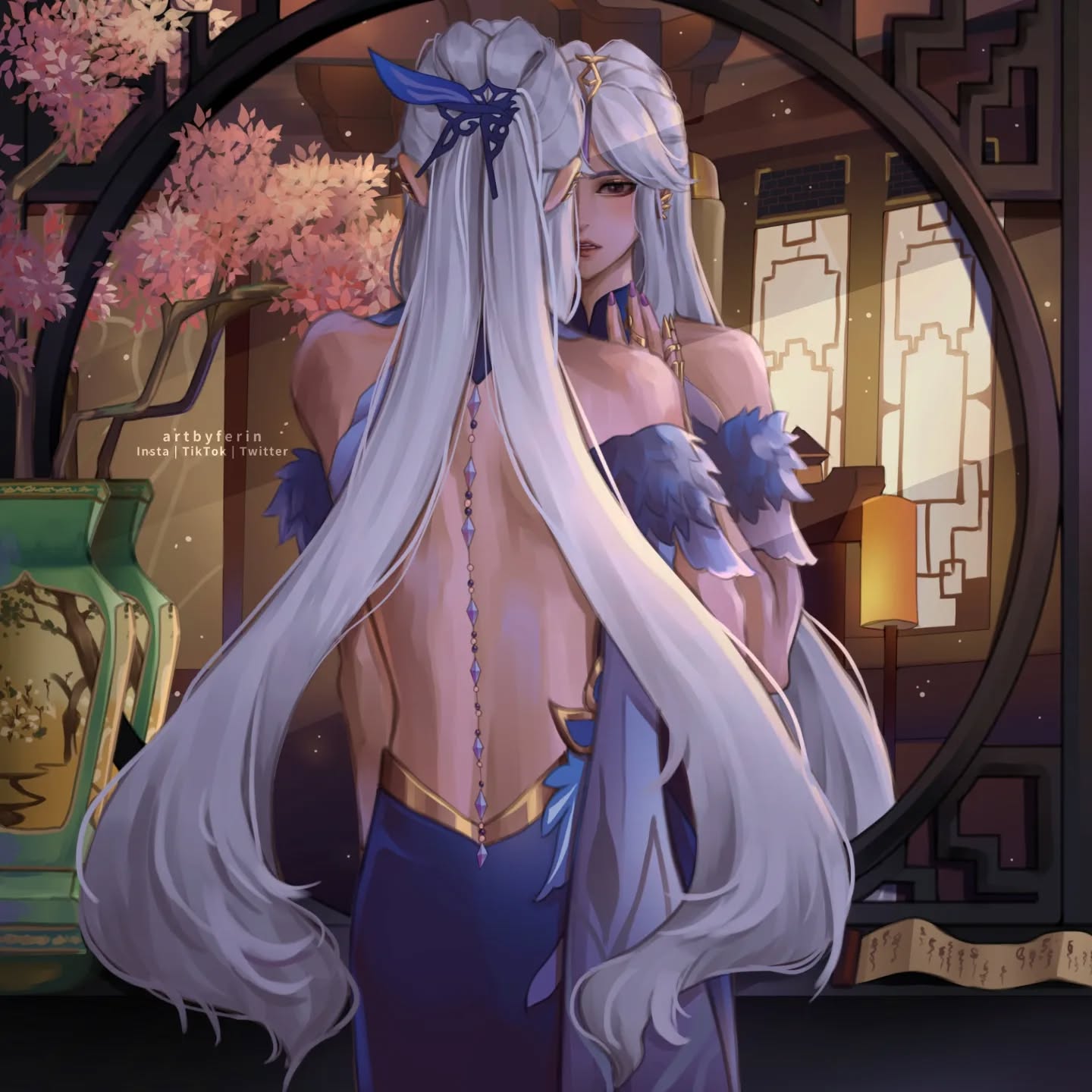 the image is a digital painting of an elegant female elf with long, flowing silver hair. she's wearing a stunning, backless blue dress adorned with intricate golden details and a long pendant necklace.  the dress has featherlike accents around the shoulders. the elf is positioned in front of an ornate mirror reflecting a chinesestyle room with cherry blossom branches visible. the overall style is fantasy art with anime influences, showcasing beautiful details and a serene atmosphere. the artist's signature, "artbyferin," is subtly included in the image.