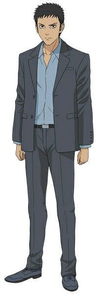 a man with short black hair and a serious expression stands against a plain white background. he wears a gray business suit consisting of a twobutton jacket, matching pants, and a light blue shirt worn open at the collar. his shoes are dark blue or black. the illustration is drawn in a classic anime style with soft lighting and shading.