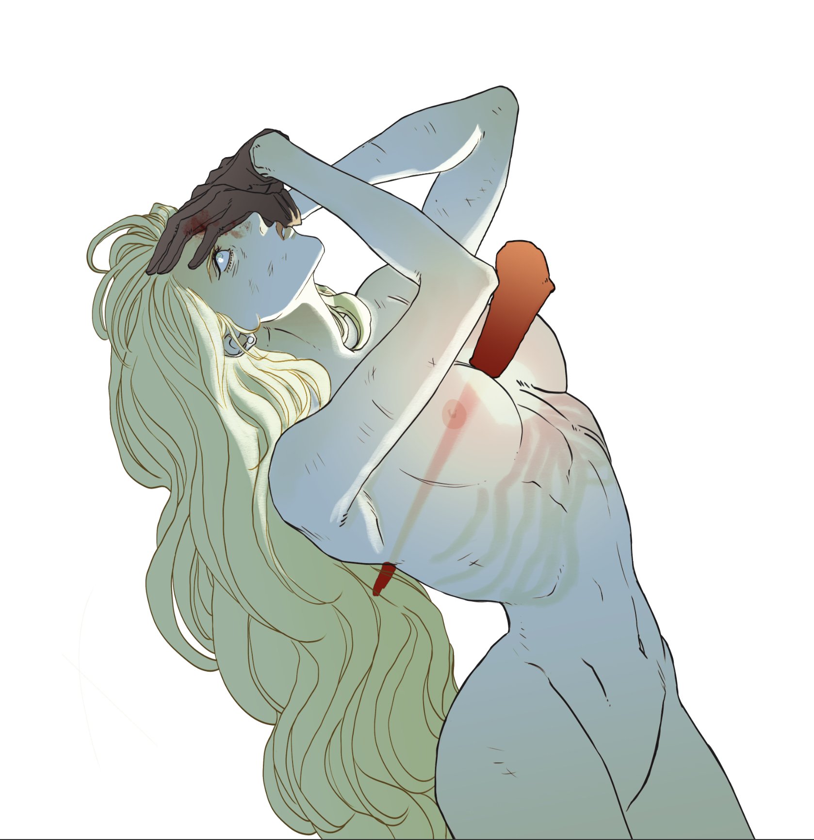 the image depicts a nude woman with blonde hair and pale skin. she has a wound and a sword protruding from her torso. her eyes are covered by one of her hands. she is looking up.