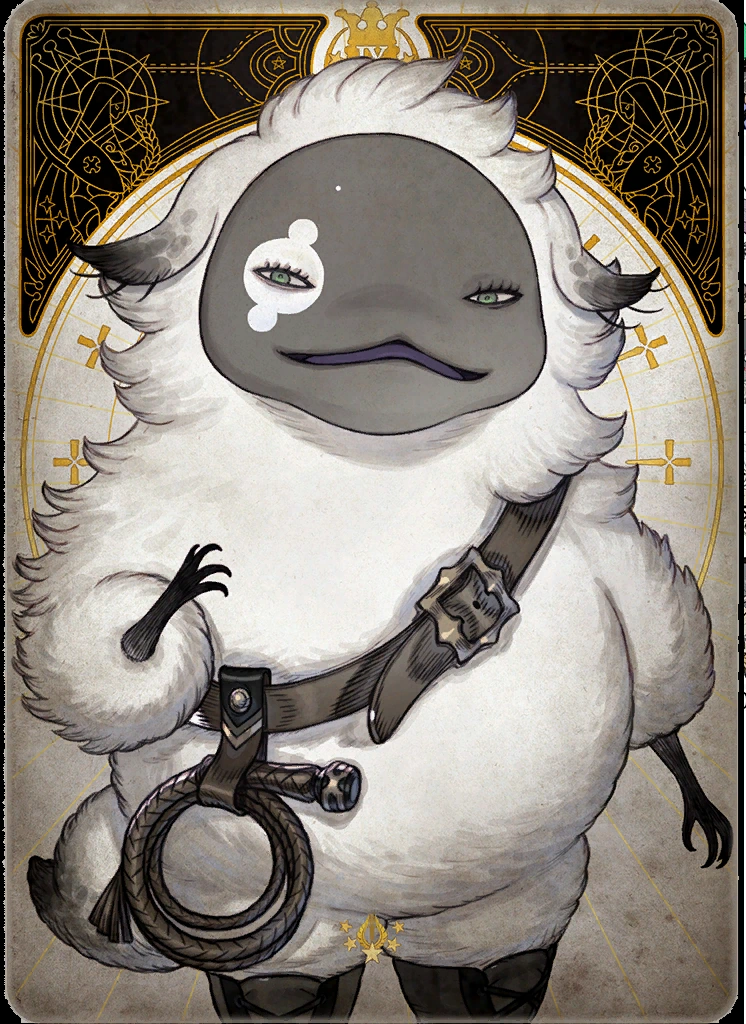 a digital illustration of a fluffy creature that resembles a sheep dressed in a brown belt with a pouch and a brown eye patch. it's holding a whip in its left hand.  the background is a cream color with black and gold detailing around the border.