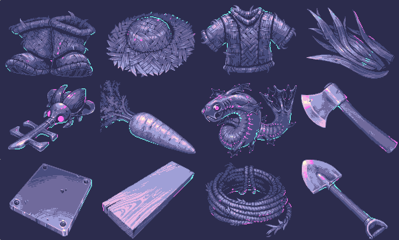 the image showcases a collection of pixel art sprites, likely intended as assets for a video game or similar digital project. the style is consistent, using a muted purple and blue color palette.  the items depicted represent a diverse range of objects, including clothing (a straw hat and woven sweater), tools (an axe and shovel),  food (a carrot), a fantastical creature (possibly aquatic), insect (beetle),  and other miscellaneous items (rope, wooden plank, metal plate, plants).  the overall style suggests a fantasy or adventure game setting.
