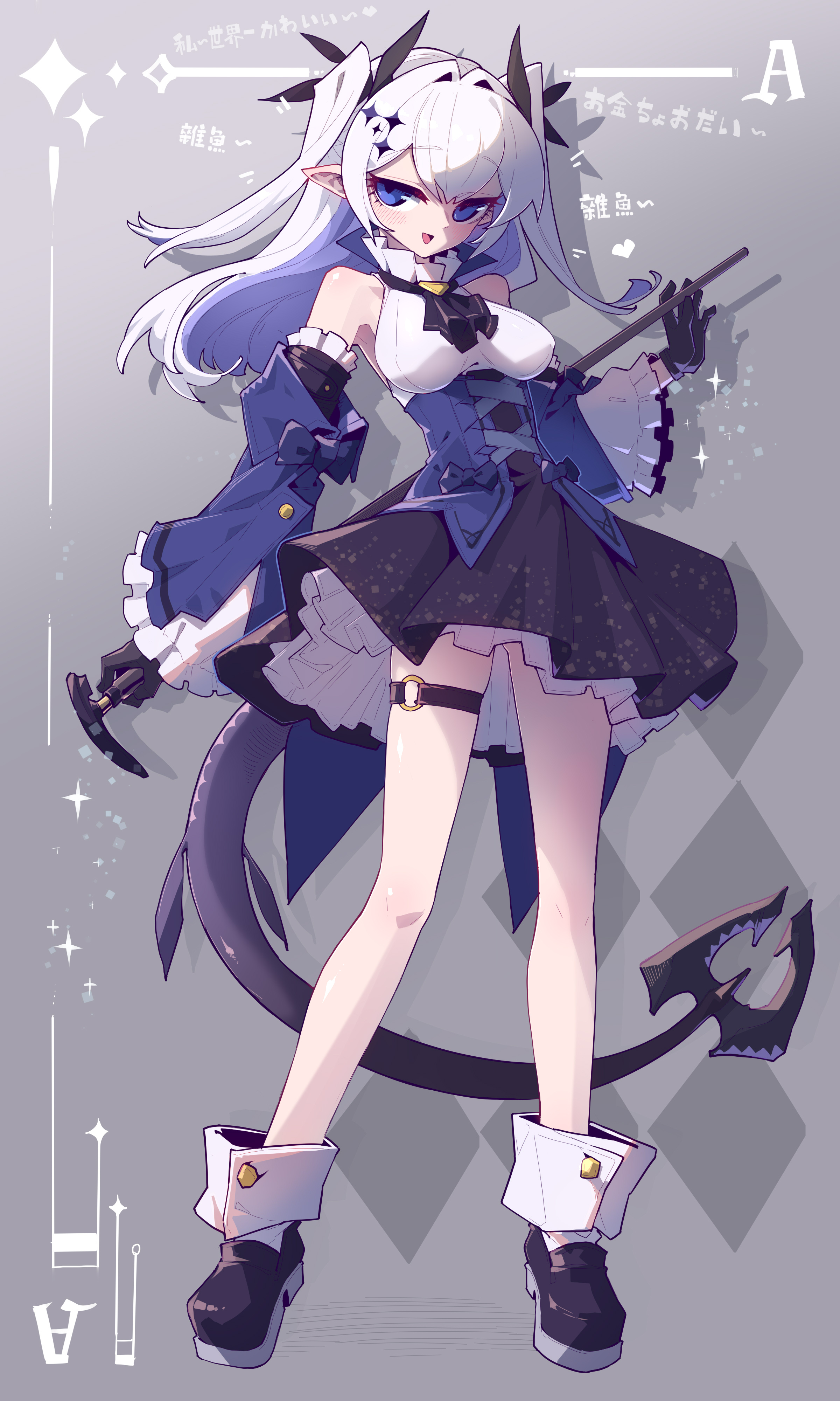 an anime girl is standing in the image. she has white hair, blue eyes, and is wearing a short black skirt. she also has a tail and horns, indicating she is a devil girl. she is holding a pickaxe in one hand and a stick in the other. the background is a light gray with a playing card suit design.