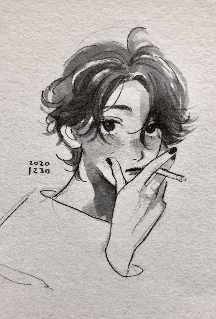 a closeup black and white sketch of a person with short, wavy hair, smoking a cigarette. the person is depicted from the chest up, and their face is partially obscured by their hand holding the cigarette. the drawing is detailed, capturing the texture of the hair and the person's expression. the style is realistic yet with a hint of anime/manga influence. the date "2020 1230" is written in the lower left corner.