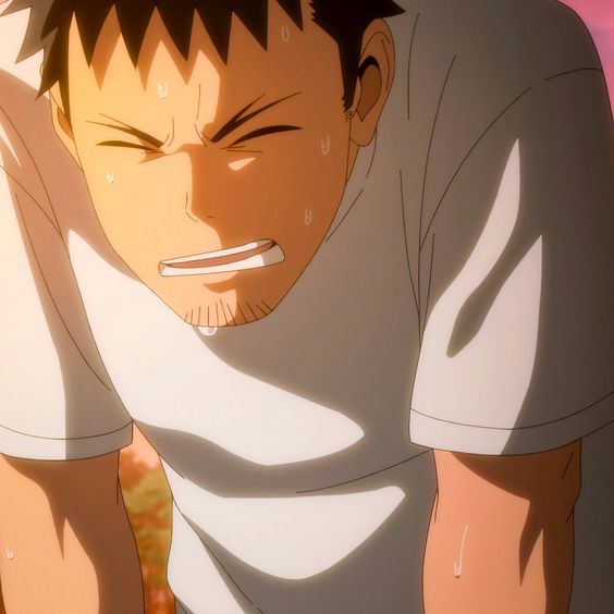 the image shows a closeup illustration of a young man with short, dark hair and a determined expression. he is sweating profusely, indicating intense physical exertion, possibly from running or exercising under the sun. the bright lighting suggests a daytime setting.