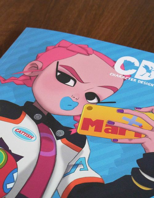 this image shows a cartoon character with pink hair, blue eyes, a black jacket and a blue shirt, holding a yellow smartphone in front of them. the character has a serious expression on their face. the background is blue and contains the text "cd character design".