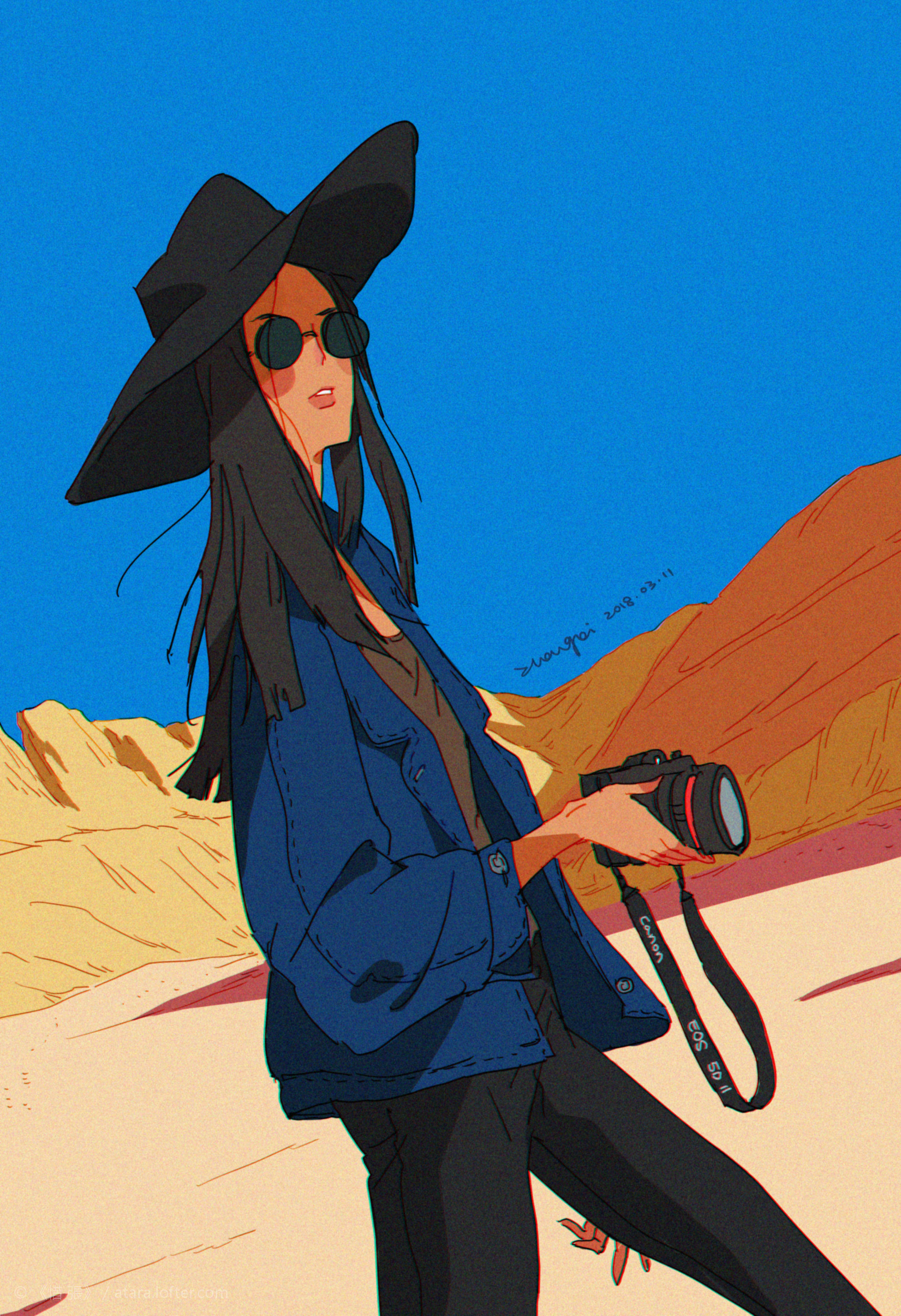 a cartoon anime woman wearing a widebrimmed hat, sunglasses and a blue jacket is holding a camera in her right hand. she has black hair and is standing in a desert landscape.