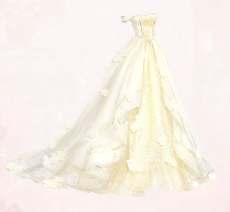 the image shows a white wedding dress with gold detail on a light pink background. the dress is long, with a flowing skirt and a fitted bodice. the bodice is offtheshoulder and has a sweetheart neckline. the dress is decorated with lace and floral appliqués. the skirt of the dress has a train.