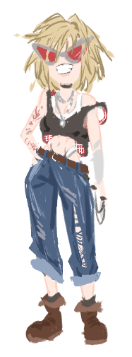 a digital sketch of a woman with blonde hair, wearing sunglasses, a tank top, blue jeans, a belt, boots, tattoos, chains, and a choker. the tank top is black with red and white plaid accents. the blue jeans are ripped and cuffed at the bottom. the boots are brown with fur trim. the woman has tattoos on her arms and is wearing several chains. the woman's midriff is exposed.