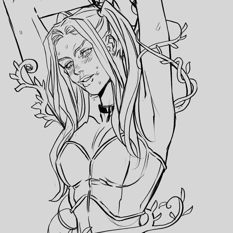 an illustrated depiction of a busty woman with pigtails, bound with vines and appearing sweaty, in a fantasy setting. she wears a choker and appears submissive. the image is digital art.