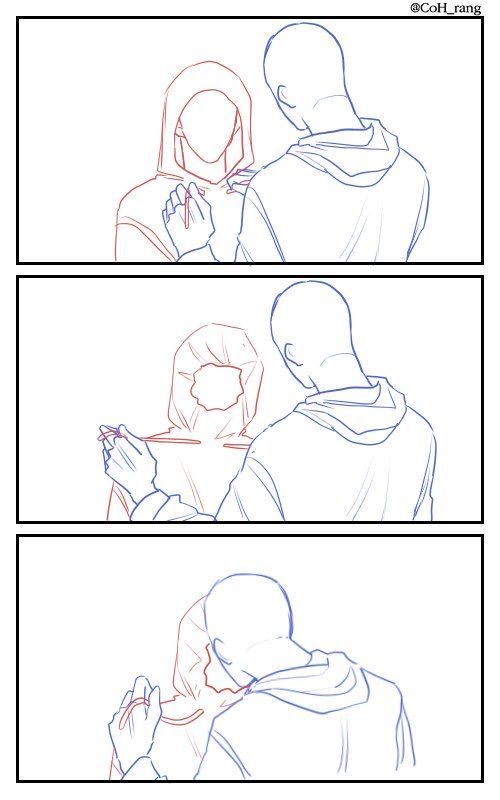 this is a storyboard or a story sketch for a romantic manga or anime. it features three different panels that show a couple's interaction. in the first panel, the guy is helping his partner adjust their hoodie, in the second panel, the girl is helping the guy fix his hoodie, and in the third panel, the couple are in a close embrace, possibly about to kiss.
