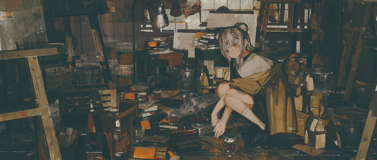 the image is a digital painting depicting an animestyle girl sitting amidst a cluttered art studio. the studio is filled with various art supplies, books, containers, and other items, creating a sense of a messy, cluttered space. the girl is positioned centrally, with a contemplative expression. she appears to be sitting on the floor, surrounded by the various objects. the overall color palette is muted and dark, with tones of brown, grey, and muted yellows. the overall impression is one of a cozy but cluttered space filled with art and creative energy. the style is reminiscent of digital artwork that aims for a slightly nostalgic or vintage feel.  a teddy bear is visible to the right.  a lamp hangs from the ceiling providing the only significant light source.