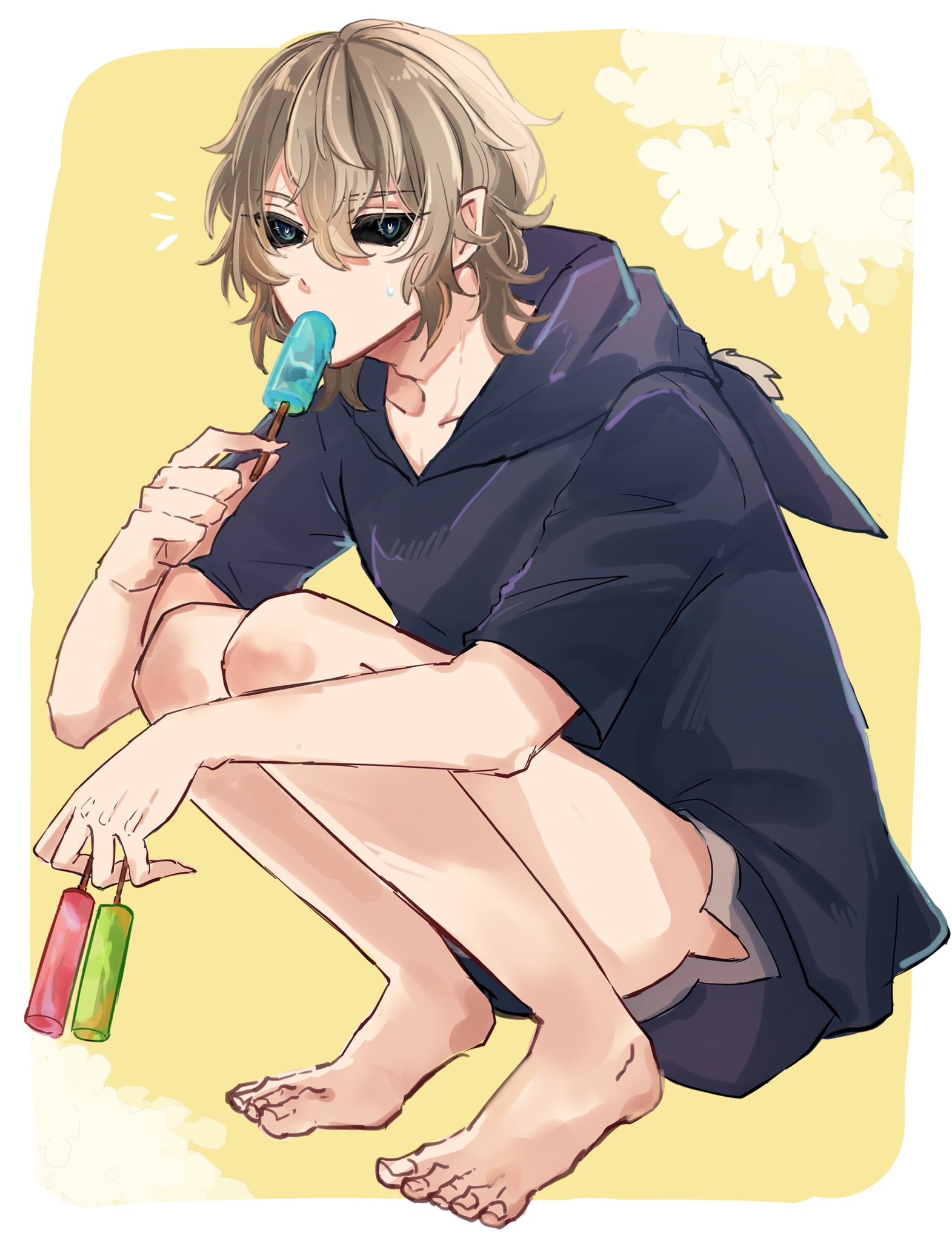 an anime boy with long, blonde hair is sitting on the ground with his legs crossed. he is wearing a black hoodie and shorts. he is eating a popsicle and has two more popsicles in his hand. the background is a yellow and white color.