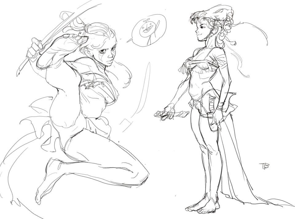 he image contains two sketches of female characters.  the first is a dynamic sketch of a woman in a fighting pose, wielding a sword. she is crouched, her body twisted in motion. the second sketch depicts a woman standing, wearing what appears to be a flowing garment.  both sketches are done in a loose, expressive style, typical of concept art or character design work. the style is reminiscent of anime or manga, with fluid lines and a focus on dynamic posing. a small, simple doodle is included in the background.
