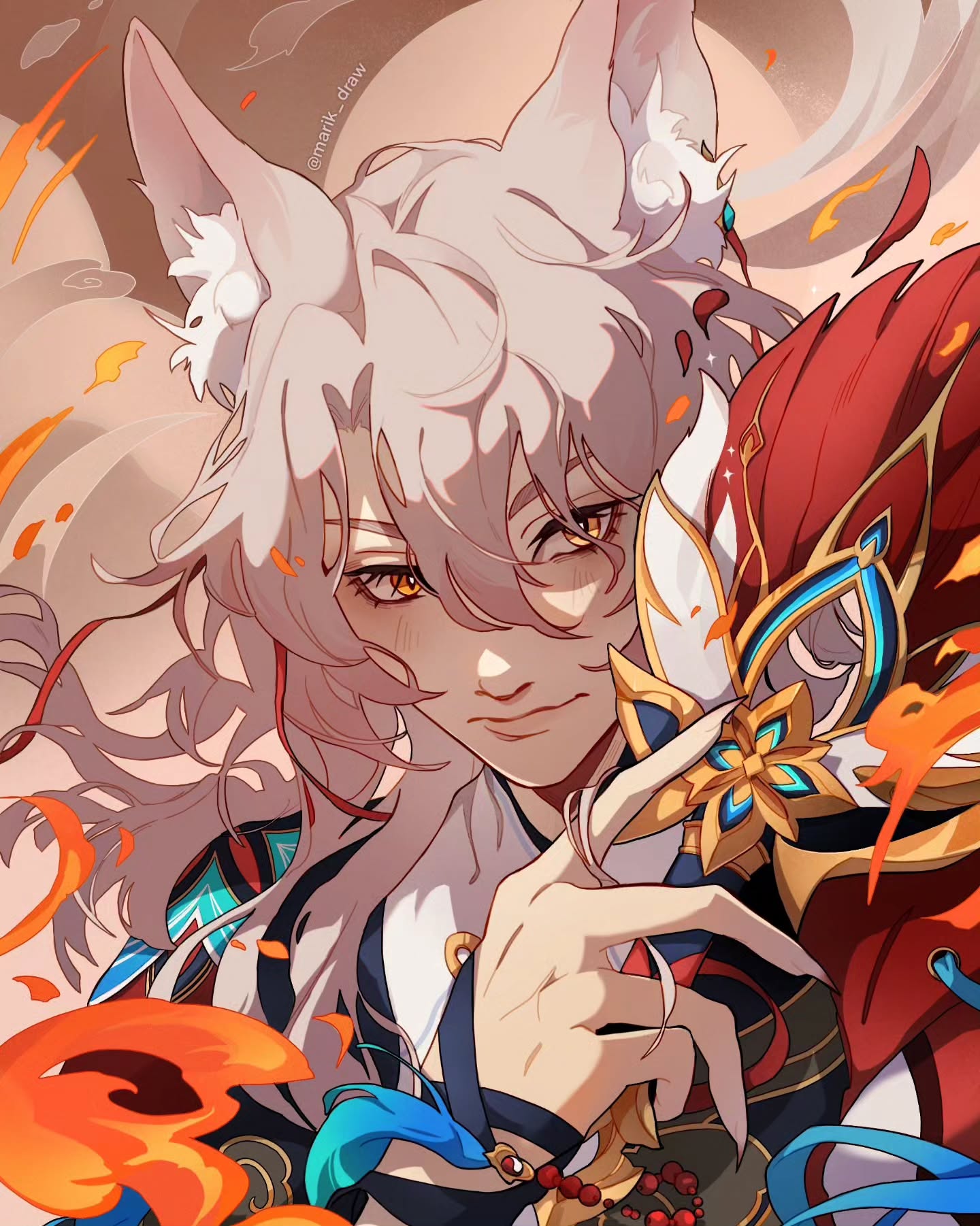 the image is a stunning piece of fanart depicting scaramouche (kunikuzushi) from genshin impact. he is portrayed with his signature fox ears and holding a richly detailed, ornate mask that features red, gold, and blue elements. the art style is anime/mangainspired, featuring soft shading and vibrant color palettes.  firelike effects surround him, adding a dramatic and dynamic touch. the overall aesthetic is elegant and detailed, showcasing the character in a powerful and captivating pose.  the artist's signature is subtly present in the upper portion of the image.