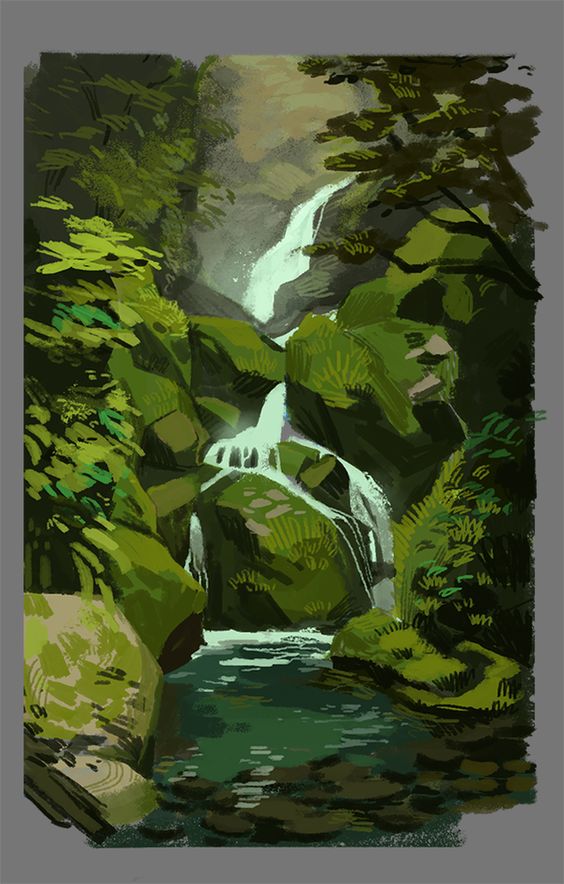 this is a digital painting of a waterfall cascading down a lush, green cliff face. the water collects in a small pool at the bottom. the scene is full of vibrant greens and the overall mood is peaceful and serene.
