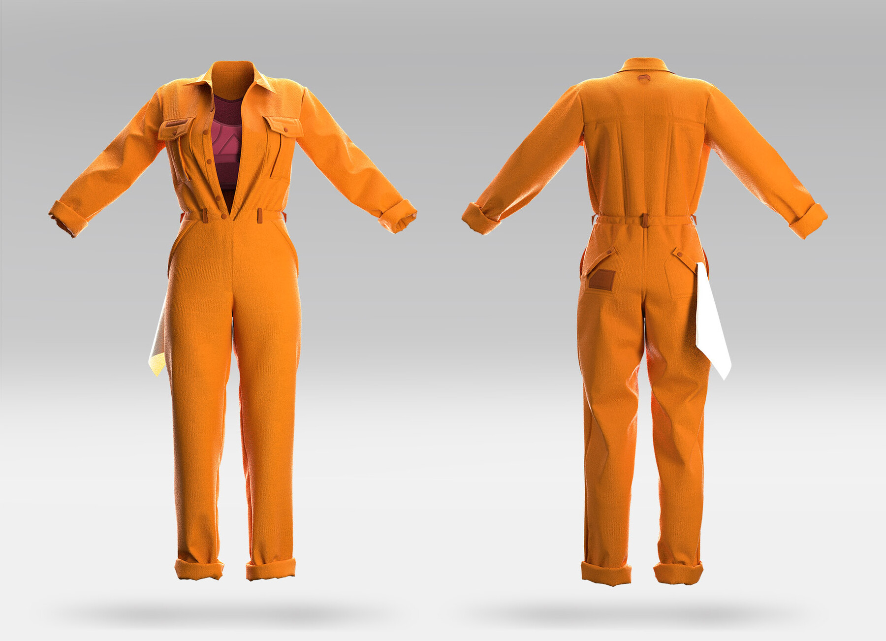 a bright orange jumpsuit with cuffed legs and a back pocket. the jumpsuit is shown from the front and back on a light gray background.