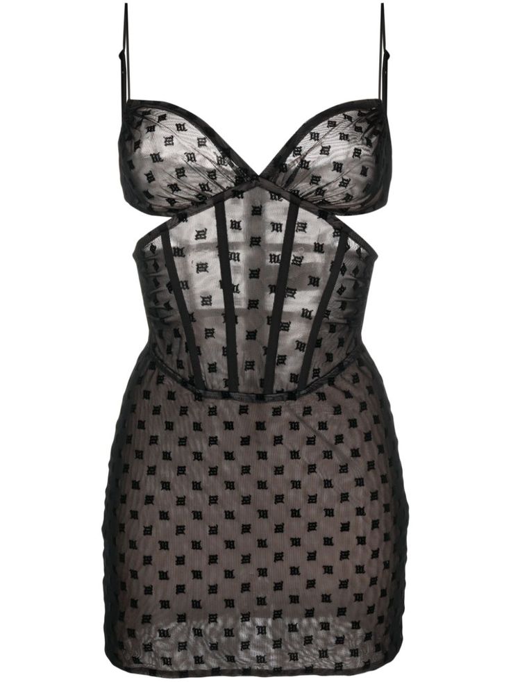 a black sheer mini dress with a corset bodice and a monogram pattern throughout. the dress has a fitted silhouette and a low neckline. it is perfect for a night out or a special occasion.