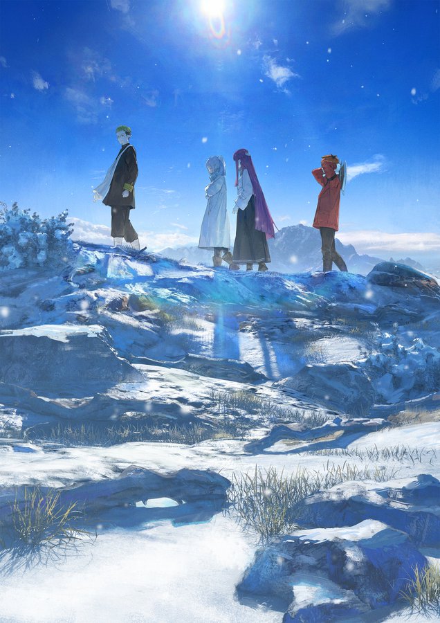 four people, each wearing winter clothes and facing away from the camera, are standing on a snowy mountain top. the sun shines brightly in the sky, casting long shadows from the group. the snowcovered mountains are visible in the distance.  the overall tone of the image is adventurous and hopeful.