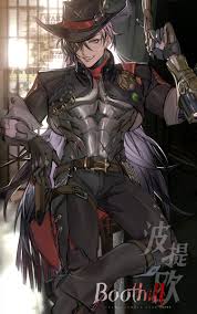the image depicts an animestyle male character with long purple hair, wearing a dark cowboy hat and a dark, elaborate outfit that incorporates steampunk and gothic elements.  he's heavily armored, with metallic pieces visible over his chest and a belt with what looks like holsters and weaponry. the character has a serious, almost intense expression. he holds a large revolvertype weapon in one hand, and his pose is dynamic. the background is dark and features what looks like a japanesestyle building or window. the word "booth" and some japanese text are prominently featured at the bottom of the image.  the overall style suggests a character from a video game or anime series, perhaps with a dark fantasy or western setting.