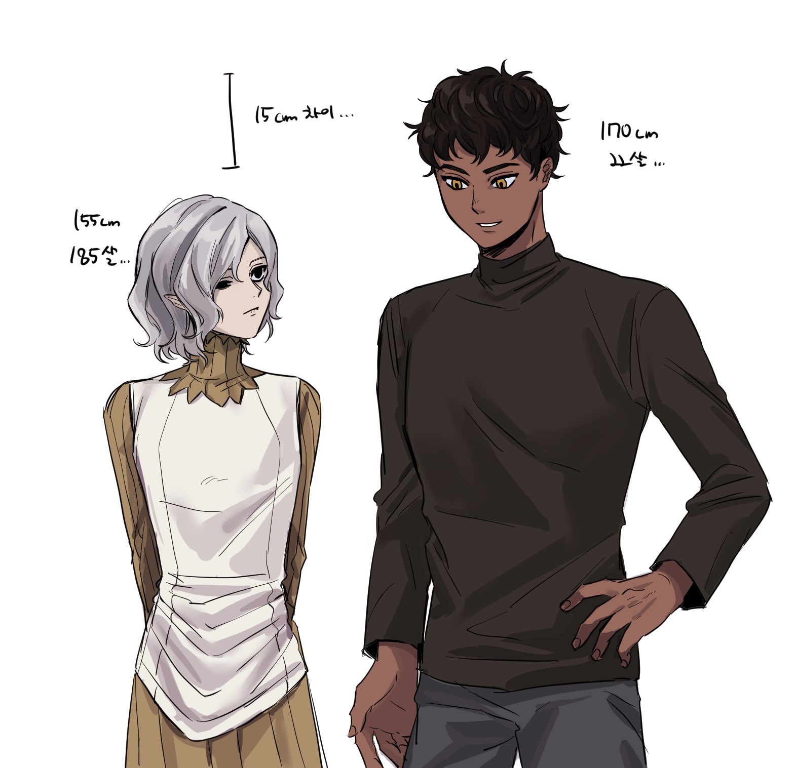 he image is a digital drawing of a girl and a boy standing sidebyside. the girl has short, grey hair and is wearing a light beige dress. the boy has short, dark brown hair and is wearing a dark brown turtleneck sweater and dark grey pants.  the height difference between them is emphasized by text annotations in korean, indicating their heights. the art style is reminiscent of anime or manga. the overall tone is somewhat serious, but the characters themselves don't appear overtly emotional.