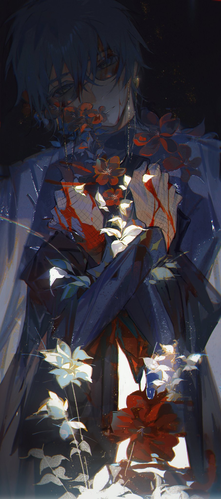 an anime man with blue hair holds his arms close to his chest, the image is dark, with red and white flowers  around him and blood dripping from his hands, and a look of deep sadness on his face.