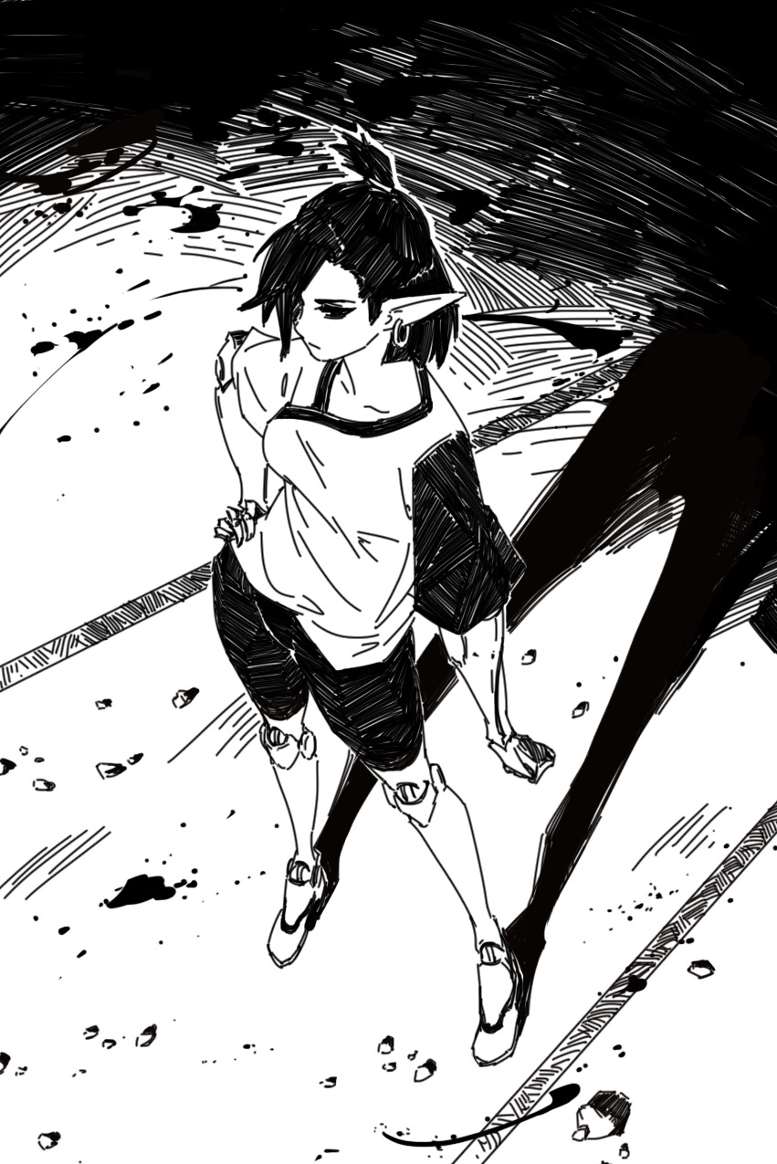the image is a black and white illustration, possibly from a manga or graphic novel, depicting a stylized anime girl. she has short, dark hair, elflike ears, and is wearing a simple, casual outfit that looks slightly futuristic, with elements suggesting robotic or cyborg enhancements. she appears to be standing on a street or walkway, with debris scattered around. the style is very graphic, employing strong lines and shading to create a sense of depth and texture.  a large shadow stretches out behind the girl, adding to the dramatic atmosphere. the overall tone is dark and slightly mysterious.