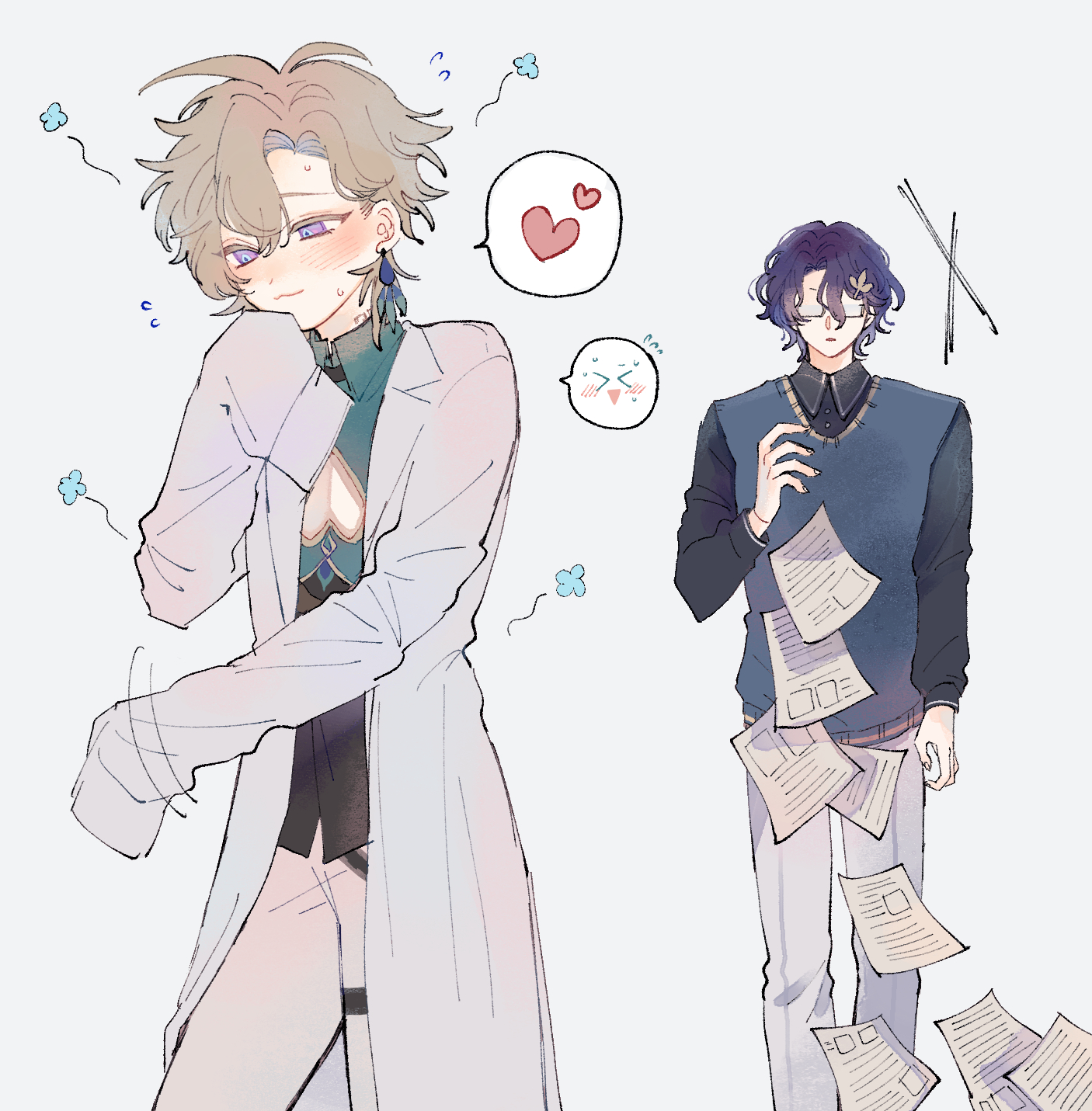 he illustration depicts two animestyle male characters. one, with blonde hair, is blushing and shyly adjusting their long coat. they are surrounded by soft, pastelcolored hearts and flowers indicating affection. the other character, with dark purple hair and glasses, is walking while papers fly around them suggesting they might be stressed or overwhelmed.  the overall style is soft, pasteltoned, and emphasizes the emotional expressions of the characters. the art is clean and simple, with a focus on the characters and their interaction, set against a light, neutral background.