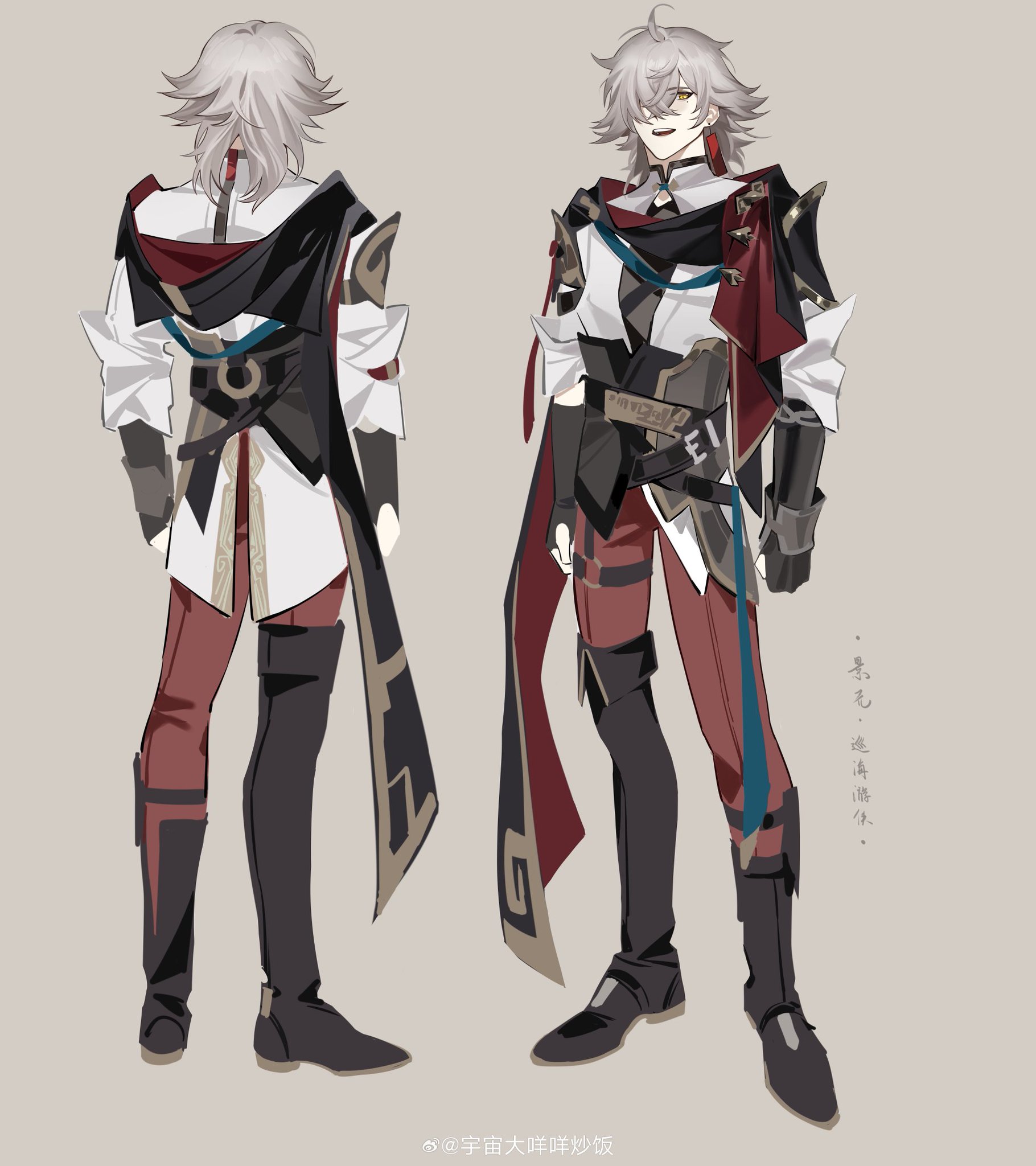 this is an illustration of an anime character. the character is a young man with white hair and red eyes. he is wearing a black and red outfit with a cape and boots. the image shows the character from both the front and the side view. he is holding a sword in his right hand. the illustration is done in a digital style.