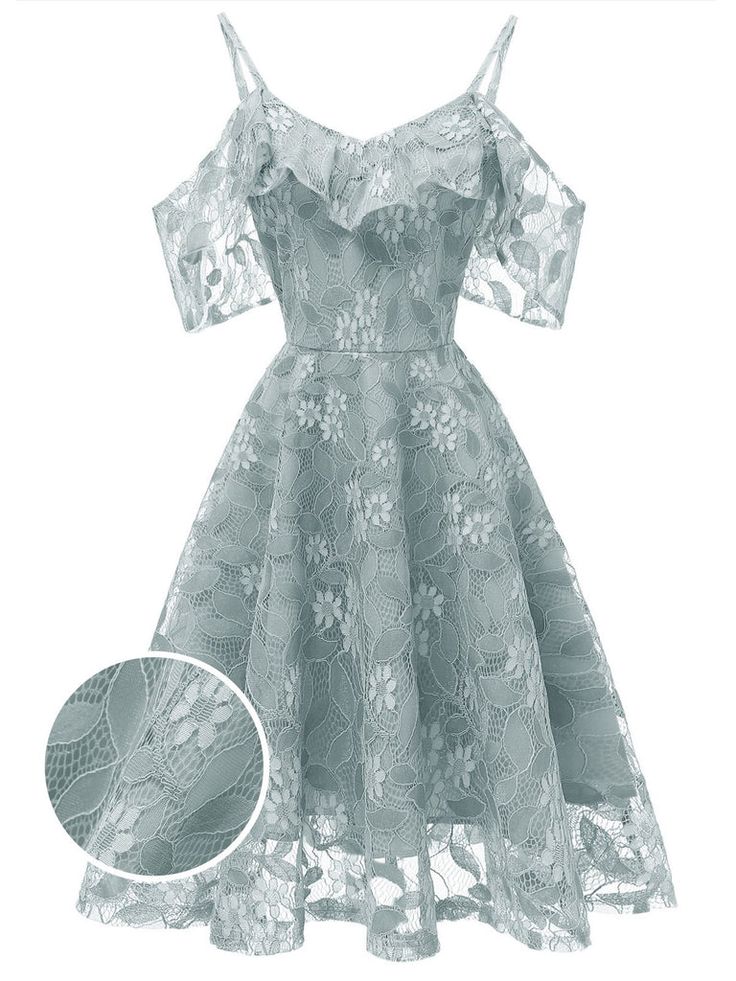 a light blue, lace dress with a ruffled neckline and offtheshoulder straps. the dress is fitted at the bodice and flares out into a flowy skirt with a scalloped hem.  the dress is decorated with delicate floral lace and is perfect for a summer wedding, party, or any special occasion.