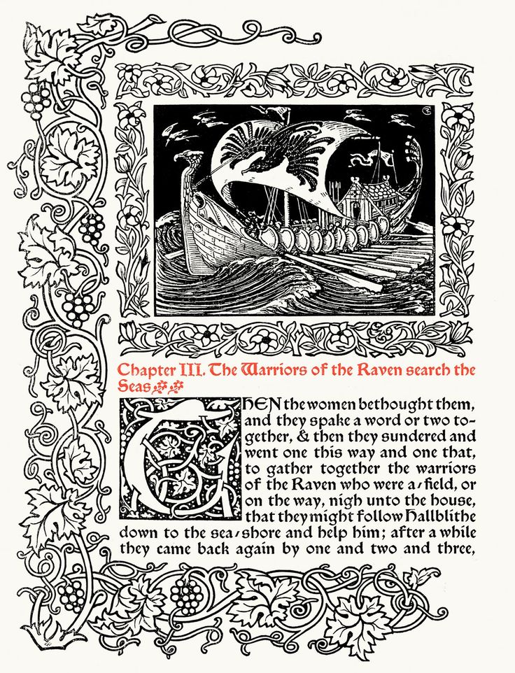 the image is a black and white illustration from a book. it shows a viking ship sailing on the sea. the caption above the image says "chapter iii. the warriors of the raven search the seas". the text below the image tells the story of how the women of the village of ravenswood decided to search for the warrior hallblithe who had gone to the sea.  they gathered together all of the warriors and set out to find him. the image is framed by a decorative border of vines and leaves.
