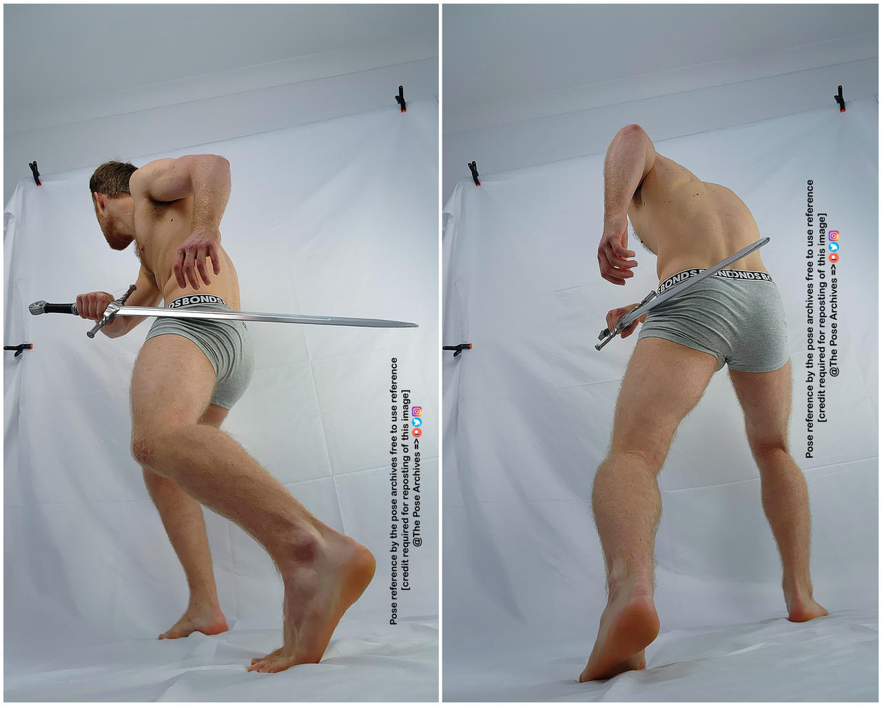 a man in his underwear is holding a sword, posing for a photo shoot. he is in a fighting stance and looking intently out of the frame.  he has an athletic build and appears to be in his 20s or 30s.