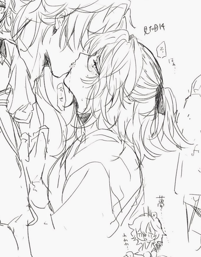 this is a black and white illustration of an anime couple. the girl is on the right and the boy is on the left. the boy is leaning down and kissing the girl on the cheek. the girl has her hands on the boy's shoulders. they are both smiling and looking at each other. the art style is manga and the line work is thin. there is a little character in the lower right corner that looks like the boy from the couple. they appear to be happy and in love.