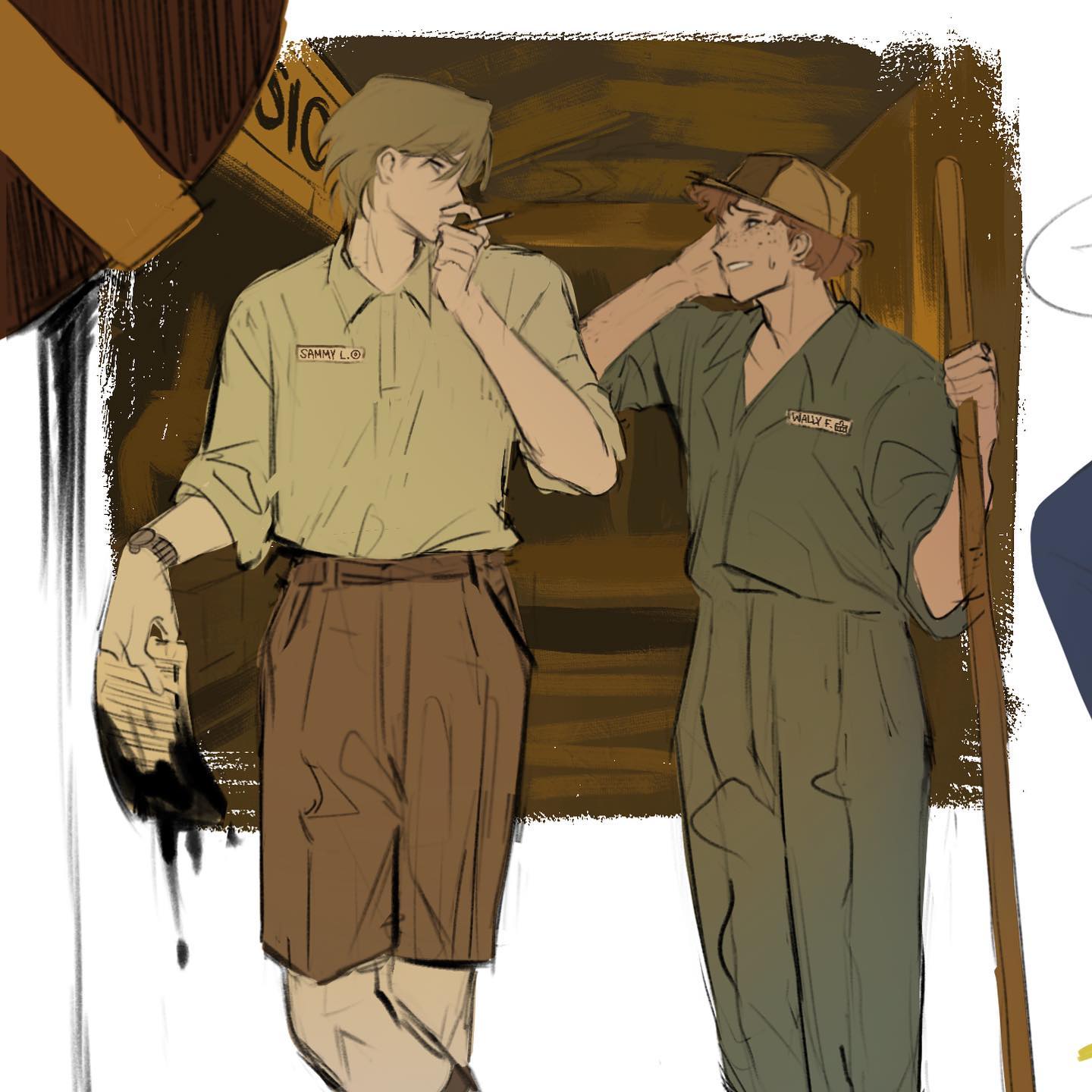 sammy lawrence is shown on the left, in brown shorts and a white shirt with rolled sleeves and a nametag that reads "sammy [l.]" he has a cigarette in his mouth and is looking at norman polk on the right. norman is wearing brown overalls and a white shirt, with a cap on his head. he is holding his right ear and looking at sammy with a distressed expression. there are boxes and barrels in the background.