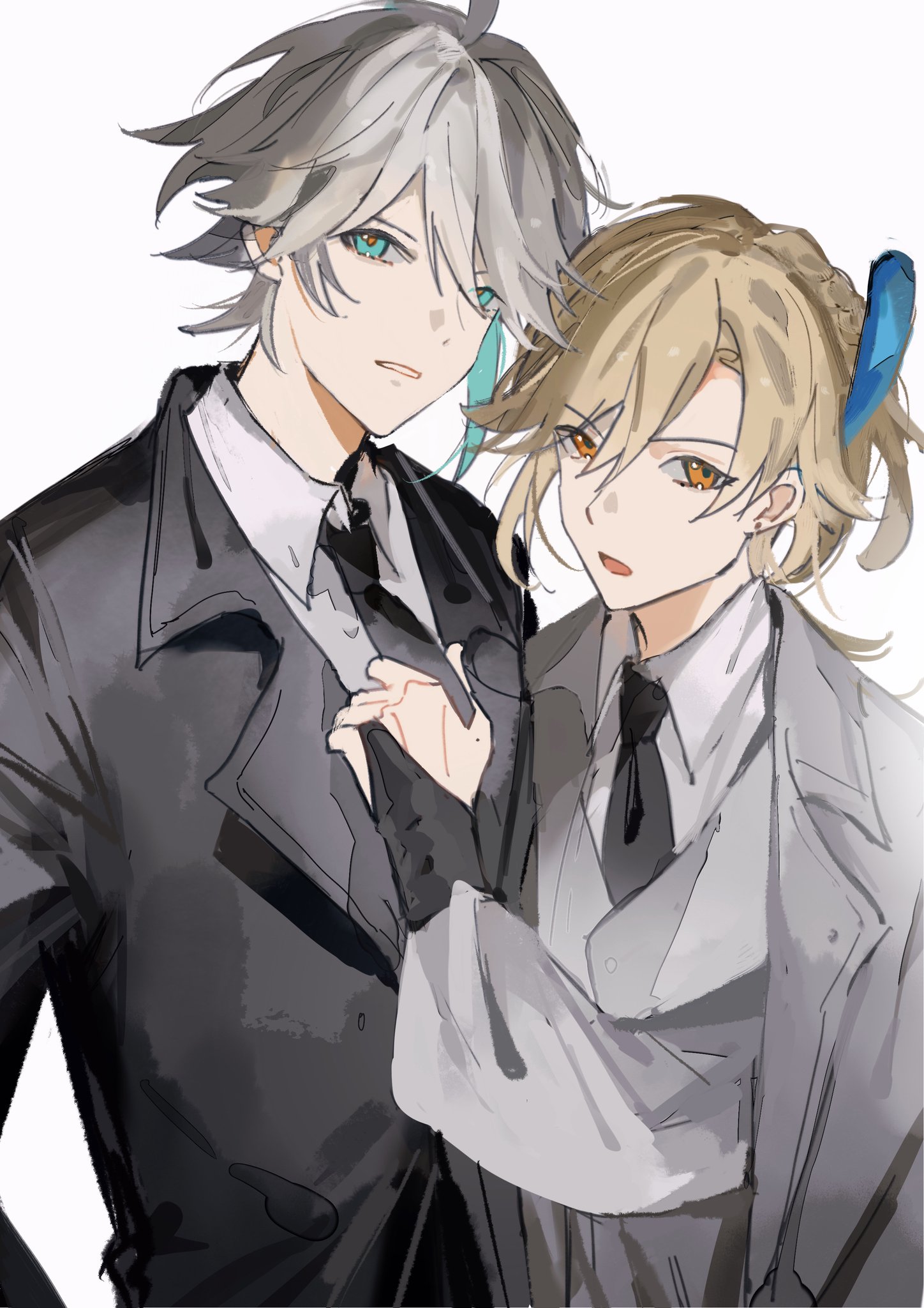 this is a digital art illustration of two anime boys, one with grey hair and the other with blonde hair, dressed in suits. the boy with grey hair is looking to the side while the boy with blonde hair is looking at the viewer. the boy with blonde hair is gently touching the boy with grey hair's arm.  they seem to be a couple in a romantic relationship.