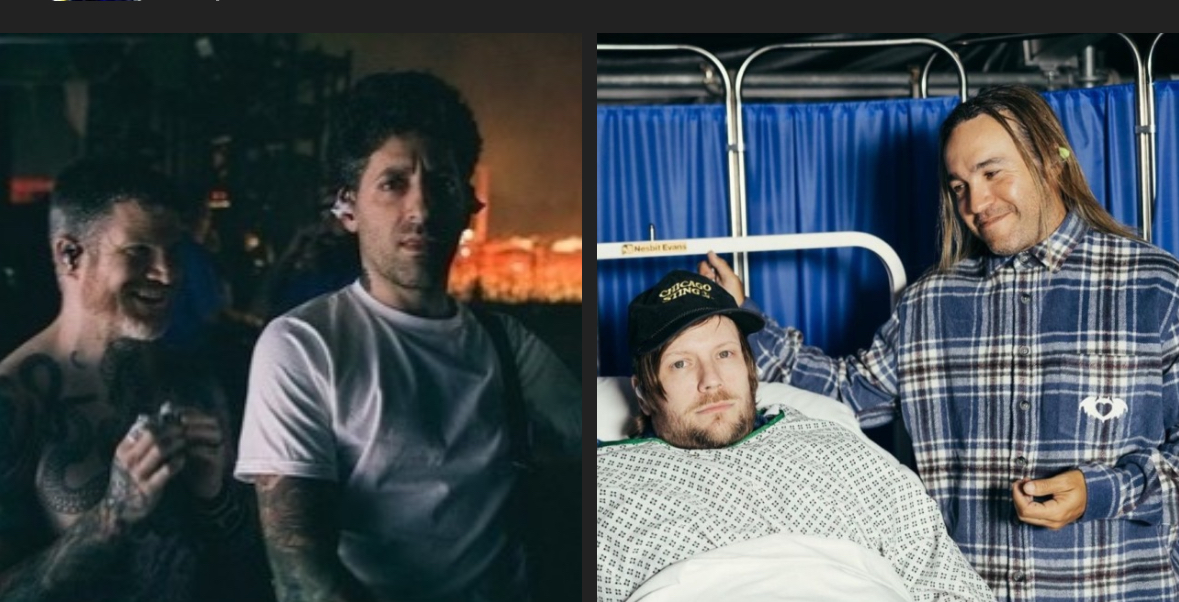 the image shows four men in a hospital room. two men stand near the bed, one in a white tshirt with tattoos and the other wearing a plaid shirt. the man in the plaid shirt has long brown hair and appears to be supporting the other men. in the bed, there is a man wearing a hospital gown and a black baseball cap. he is looking at the camera and appears to be feeling unwell. to the left of the bed, a man with a white tshirt and dark hair stands behind the man in the plaid shirt, leaning toward him. all four men appear to be band members, friends, or close associates.  the image conveys a sense of camaraderie and support during a time of illness or injury.