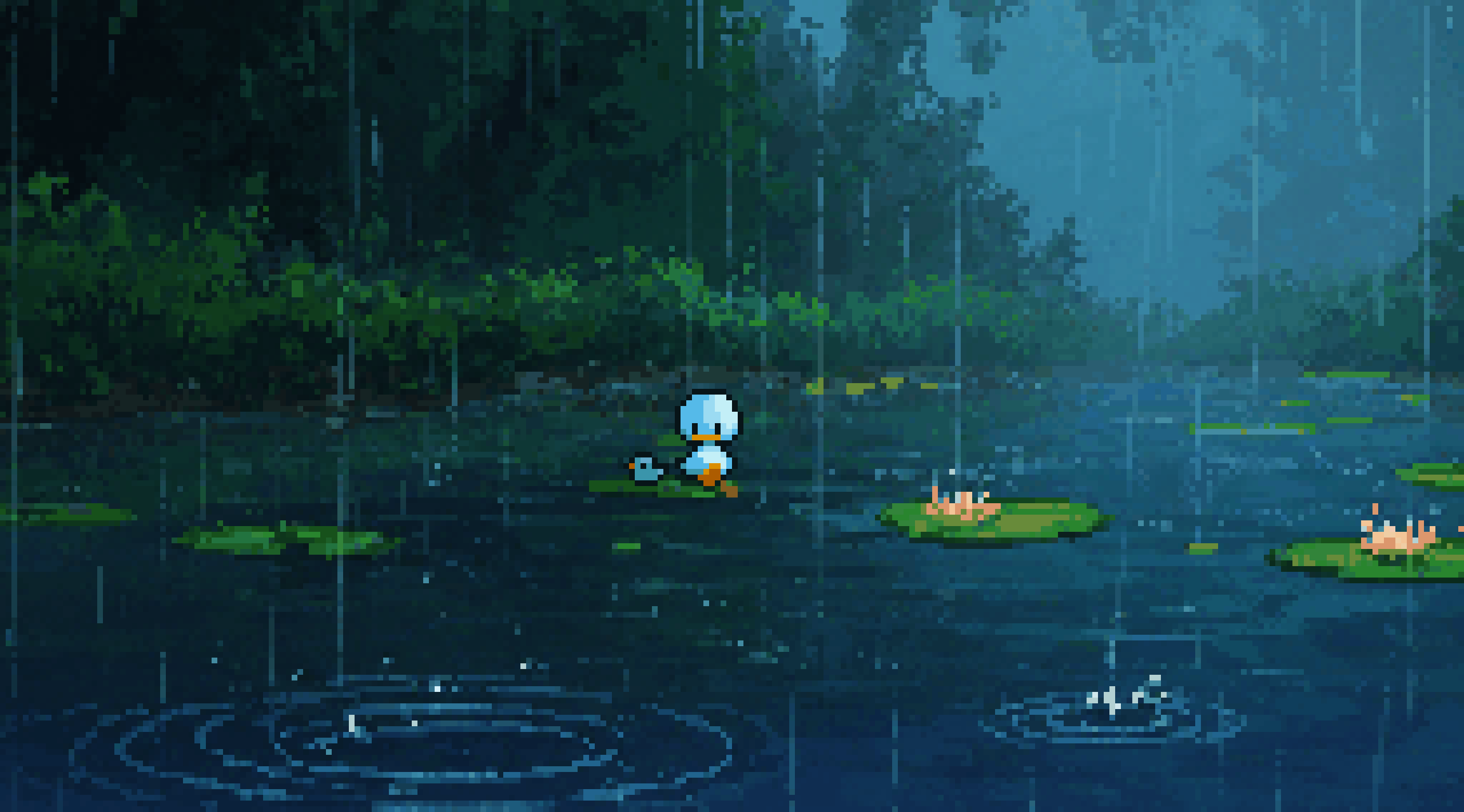 the image is a piece of pixel art depicting a rainy scene. a duck and a duckling are floating on a pond with lily pads. the background shows a dense forest in a gloomy weather. raindrops are visible and creating ripples on the water's surface, enhancing the serene yet somewhat melancholic atmosphere.