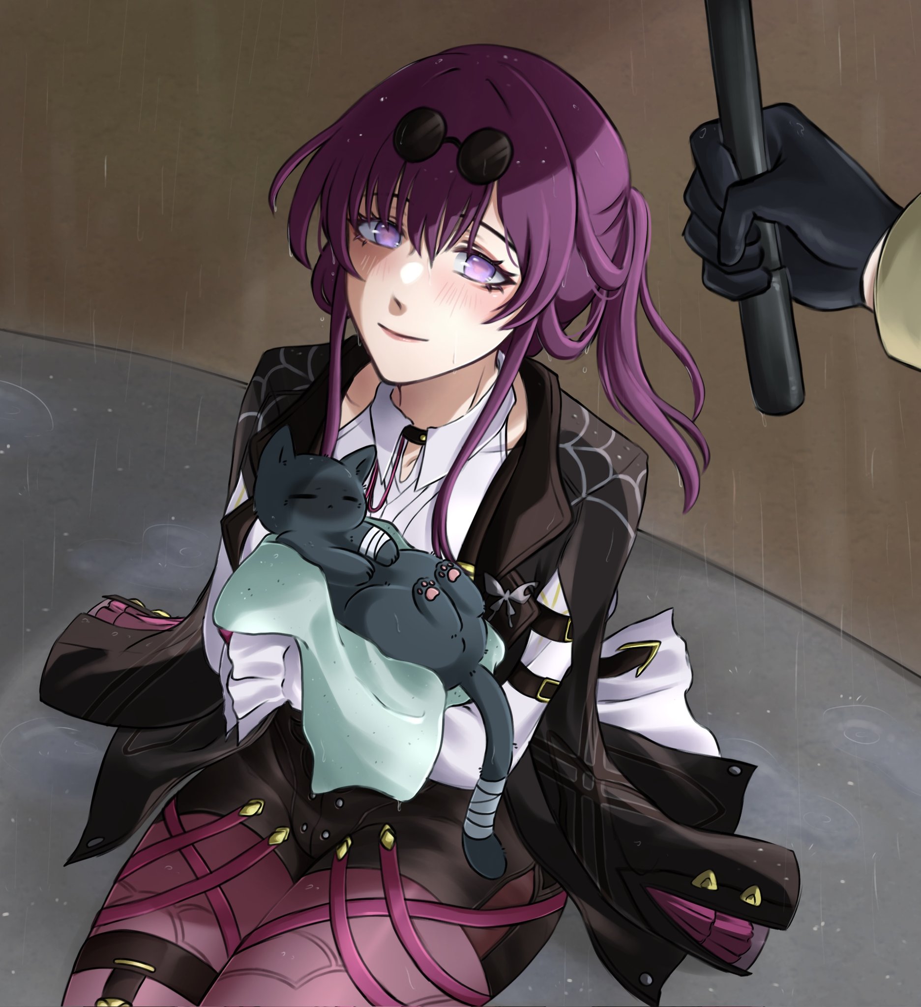 this is a digital illustration of an anime girl with purple hair, wearing a black jacket, holding a black cat.  she is in the middle of a wet street, possibly in a city,  with a black umbrella in the background. she is smiling, happy and looks cute.