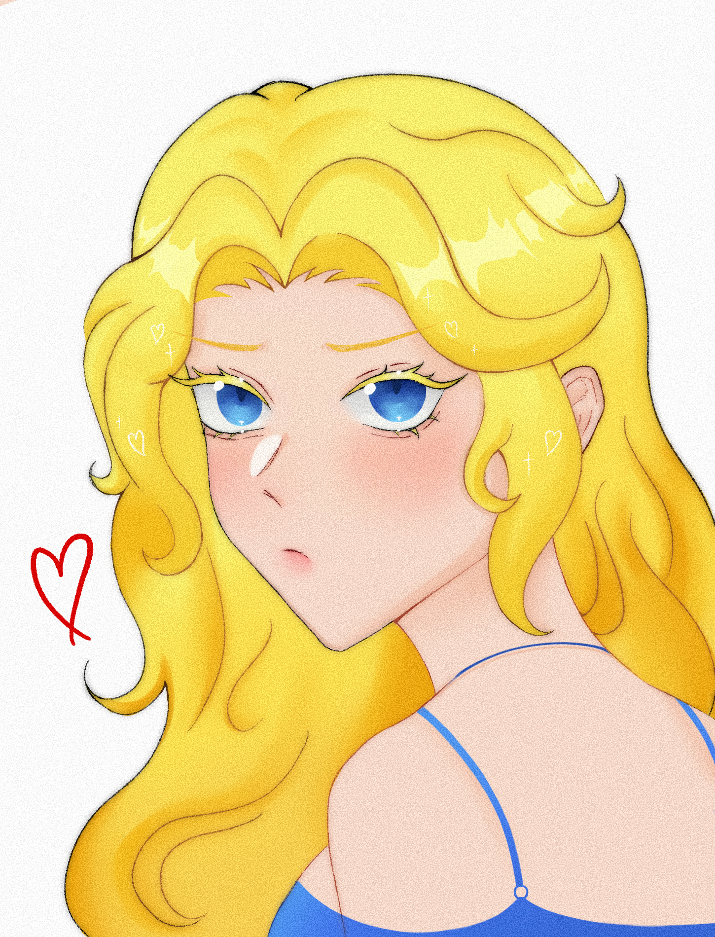 the image is a digital illustration of a young woman with long blonde hair and blue eyes. she is facing away from the viewer, her head turned slightly to the side. she appears to be wearing a blue dress with thin straps. the style of the illustration is animeinspired, with features characteristic of anime and manga art. the overall color scheme is soft and pastel, with the blonde hair and light skin tones being prominent. the expression on her face is slightly pensive, yet sweet. a small red heart is subtly placed in the left corner, hinting at a possible romantic or affectionate theme. the background is a simple white, making the character the clear focal point.
