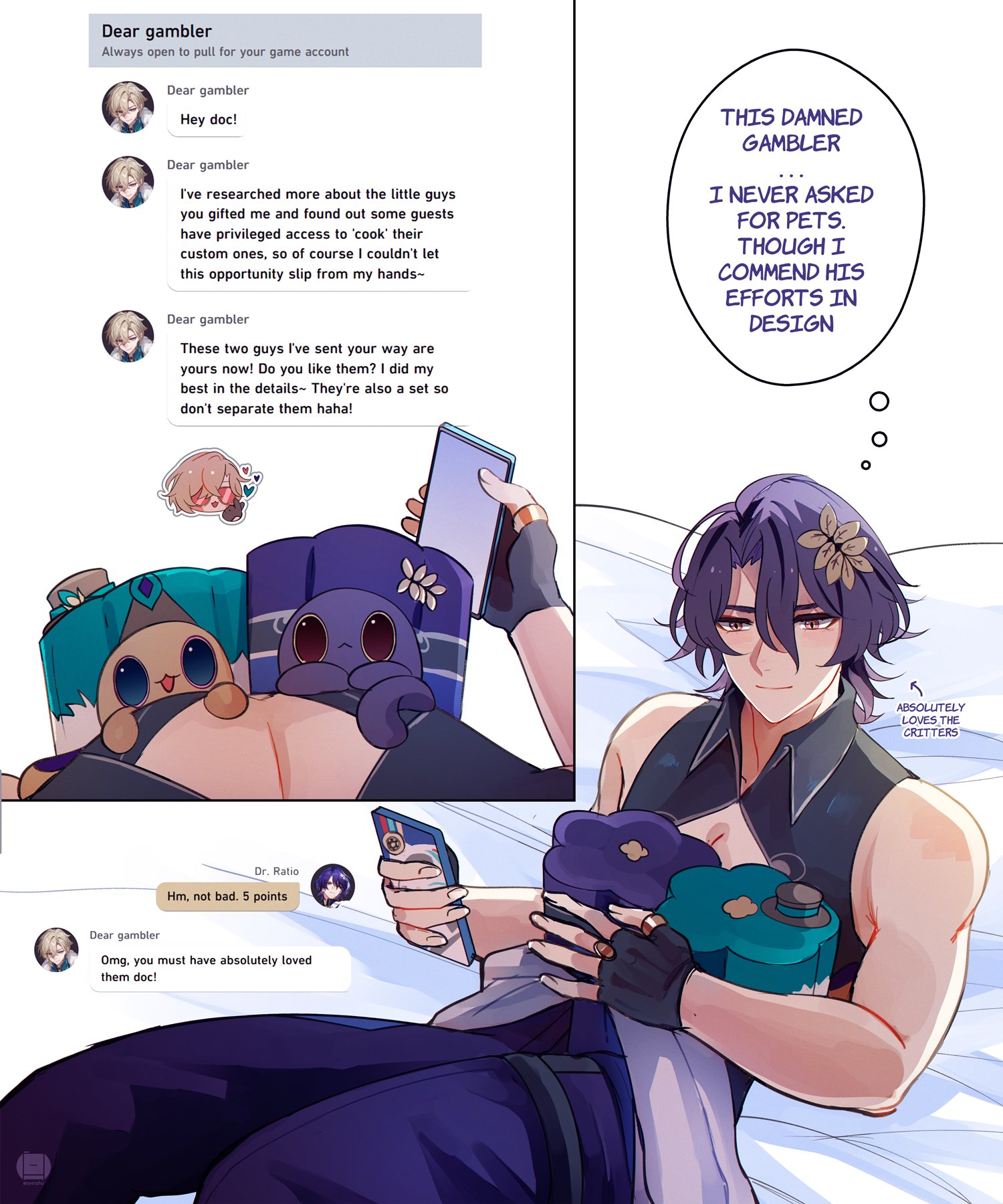 the image is a digital illustration of a genshin impact character holding two plush figures. the character is a young man with purple hair and a white sleeveless shirt. the plush figures are in his lap. he has just received them from the "dear gambler" who he is chatting with in a comment box. the image is set in a bedroom on a bed and there are multiple chat boxes throughout the image, showcasing the conversation. the comment boxes include the person receiving the gift, the person giving the gift and a review of the gift. the character is visibly happy with the gift and the chat logs suggest a loving relationship between them.