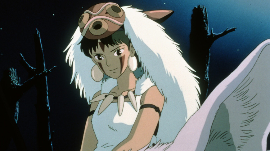 the image shows princess mononoke from the animated film of the same name. she is riding her white wolf, dressed in a white robe, boar tusks necklace, arm bands and her iconic red face paint. she is wearing a red and white mask with boar tusks. the scene is set at night with a dark blue sky and silhouettes of bare trees in the background.